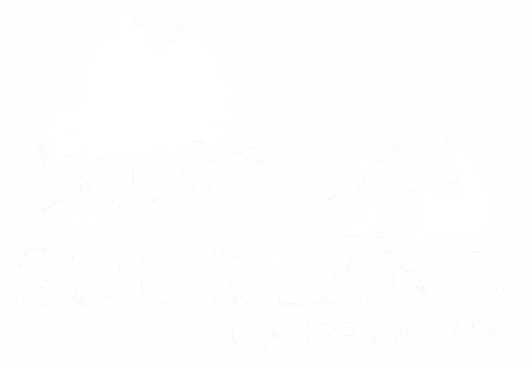 A black and white logo of Sourland Conservancy featuring a tree, a hill, and a rock.