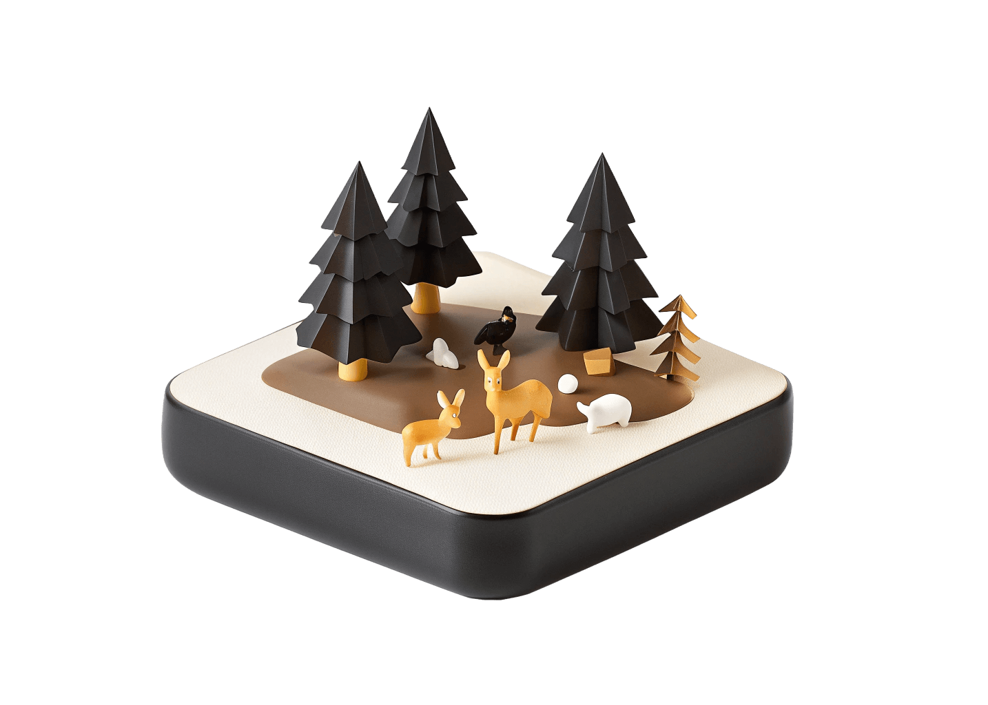 Miniature woodland scene with black and brown trees, rabbits, deer, a bird, a pig, and small rocks on a square base with a black border.