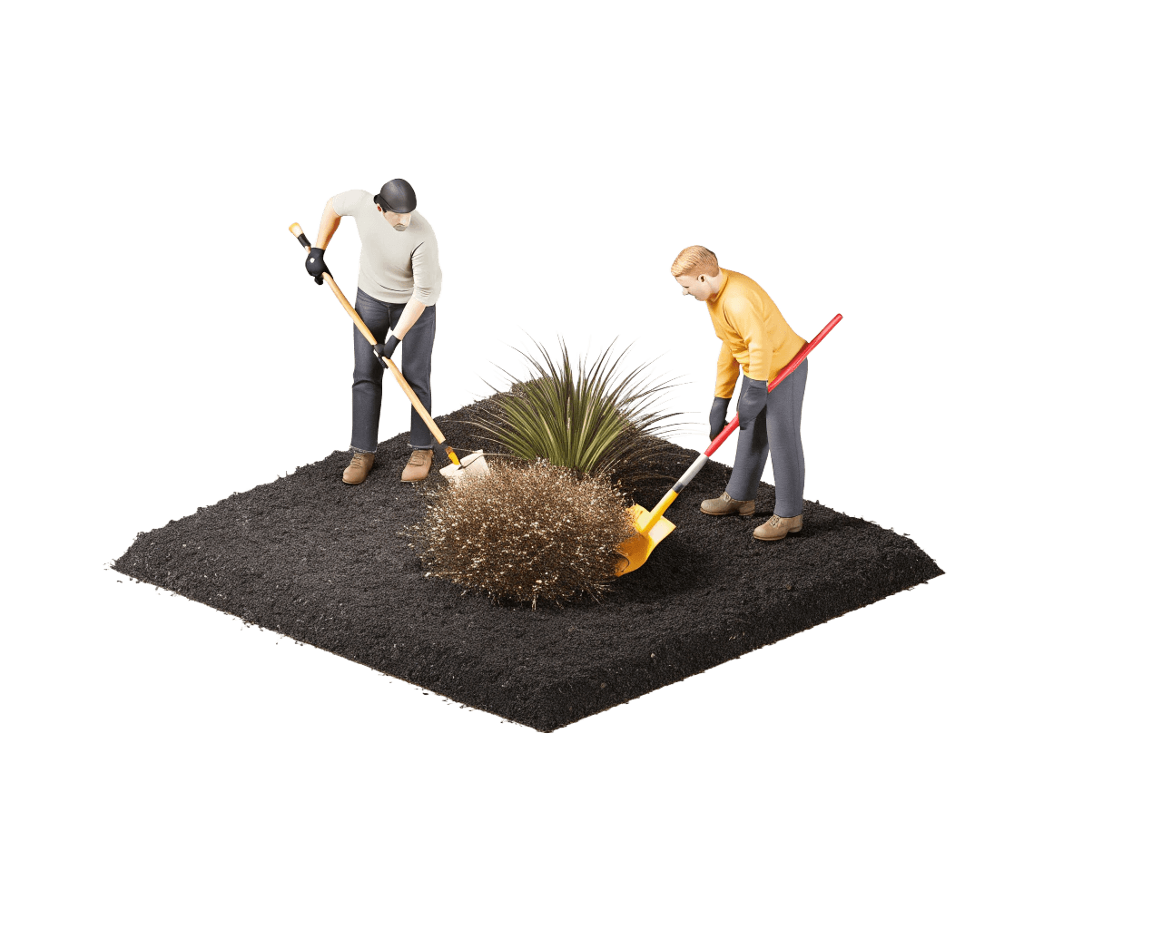 Miniature figures of two people planting a small shrub and a plant in a garden bed with dark soil.