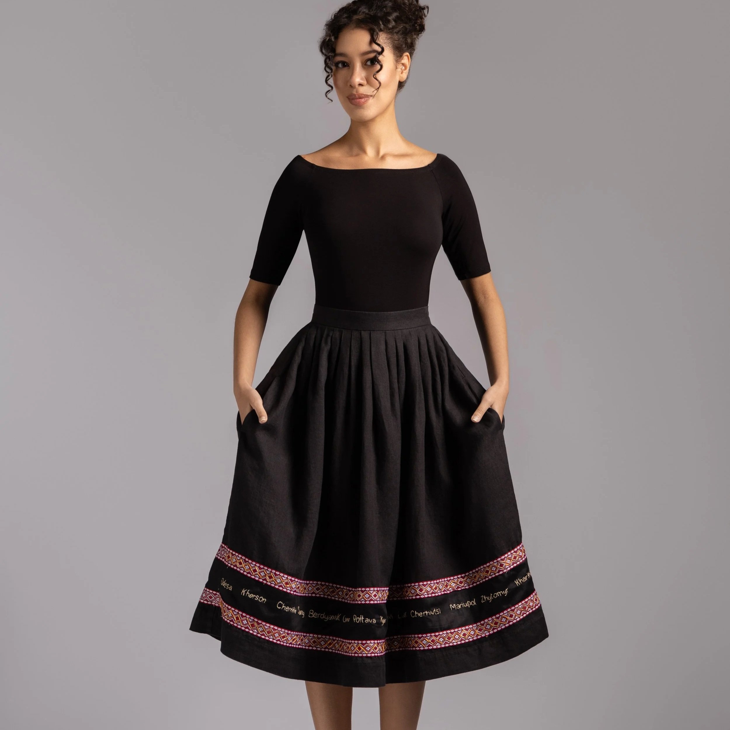 Vera – Black Linen Midi Skirt