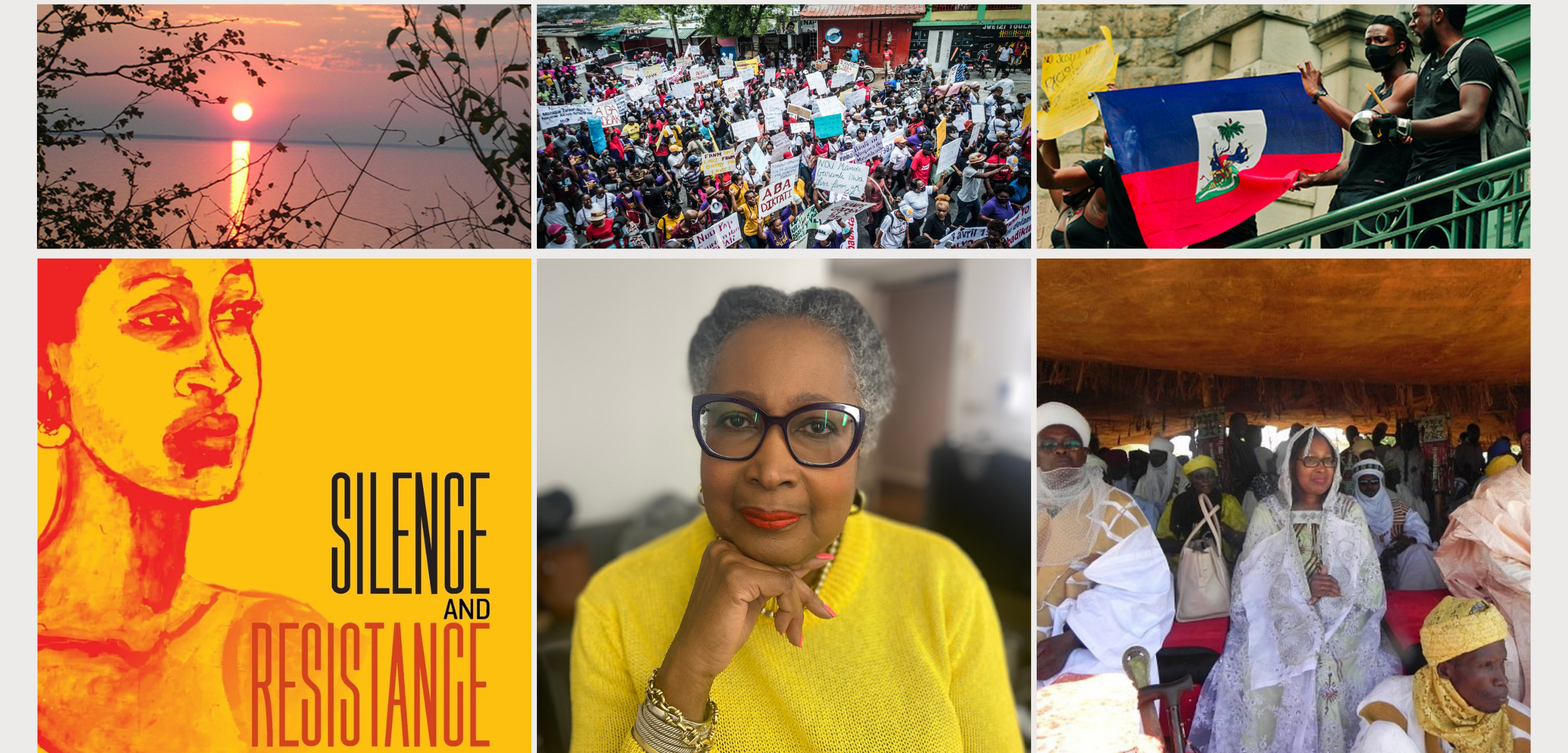 Collage of images representing Monique Clesca’s life and work, including a portrait of Clesca, protests in Haiti, a Vodou ceremony, the cover of her memoir, and scenes of landscape and collective resistance.