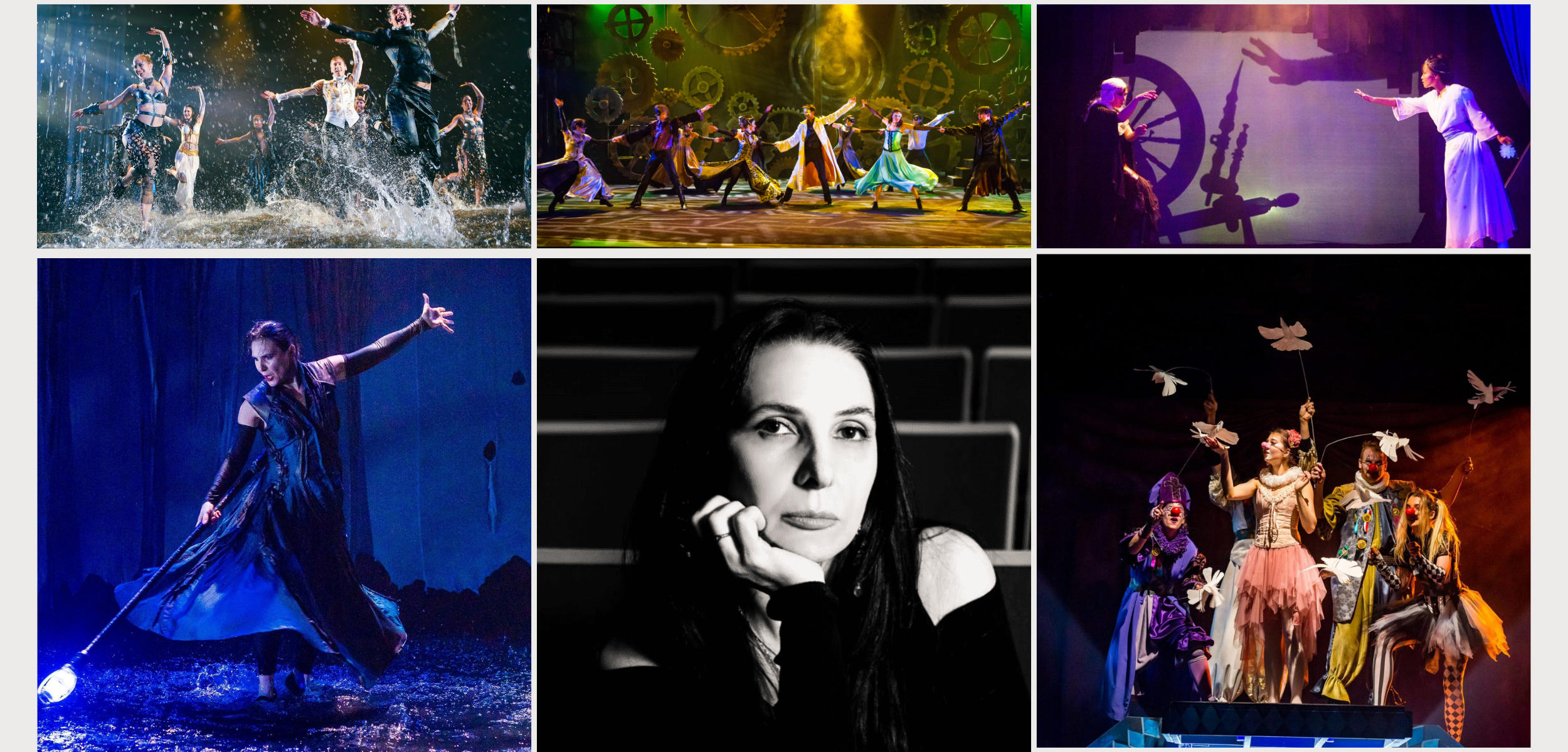 Photo collage of productions of Synetic theater in washington DC with portrait of the founder - Irina-Tsikurishvili