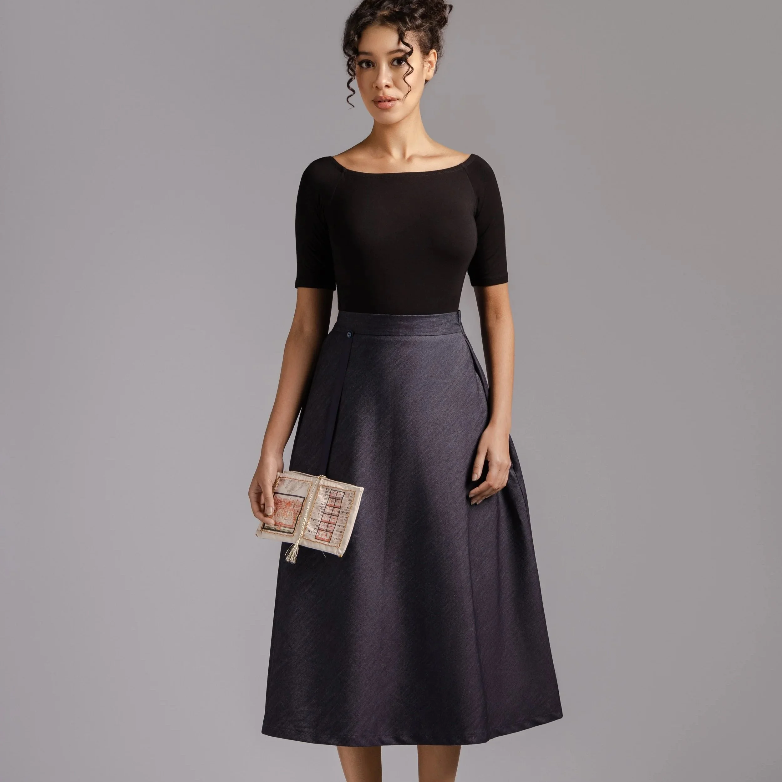 Ella – Navy Denim A-Line Midi Skirt