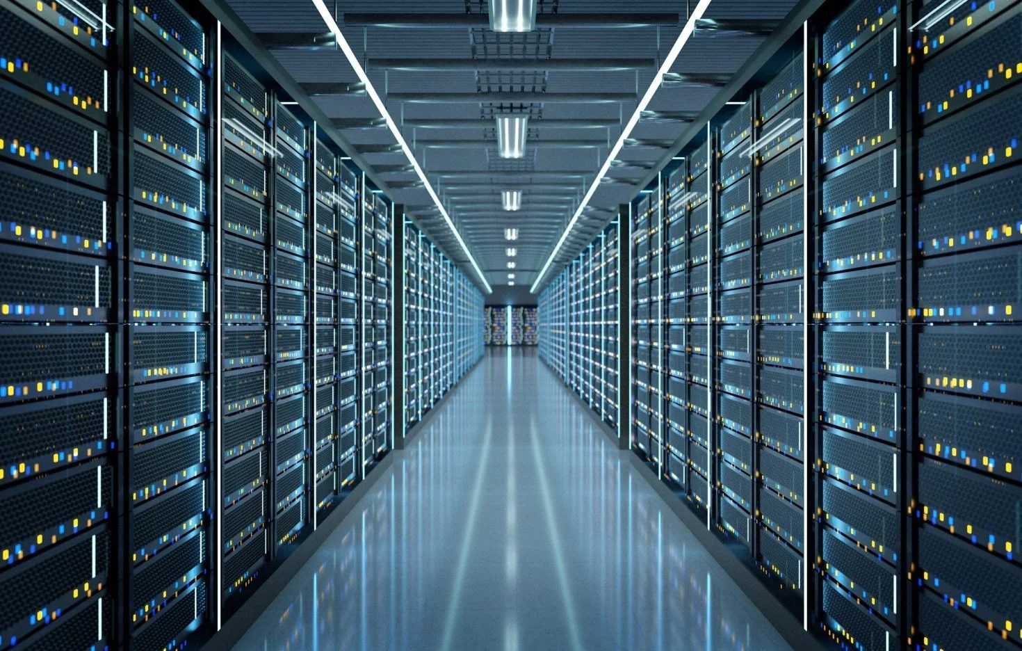 A high-tech data center corridor lined with sleek server racks, representing digital infrastructure and security.