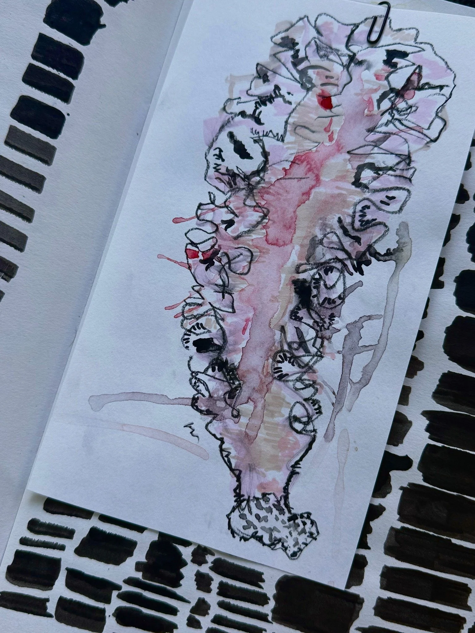 Mark making and parasite painting wit watercolour, ink and charcoal #grotesquefeminine