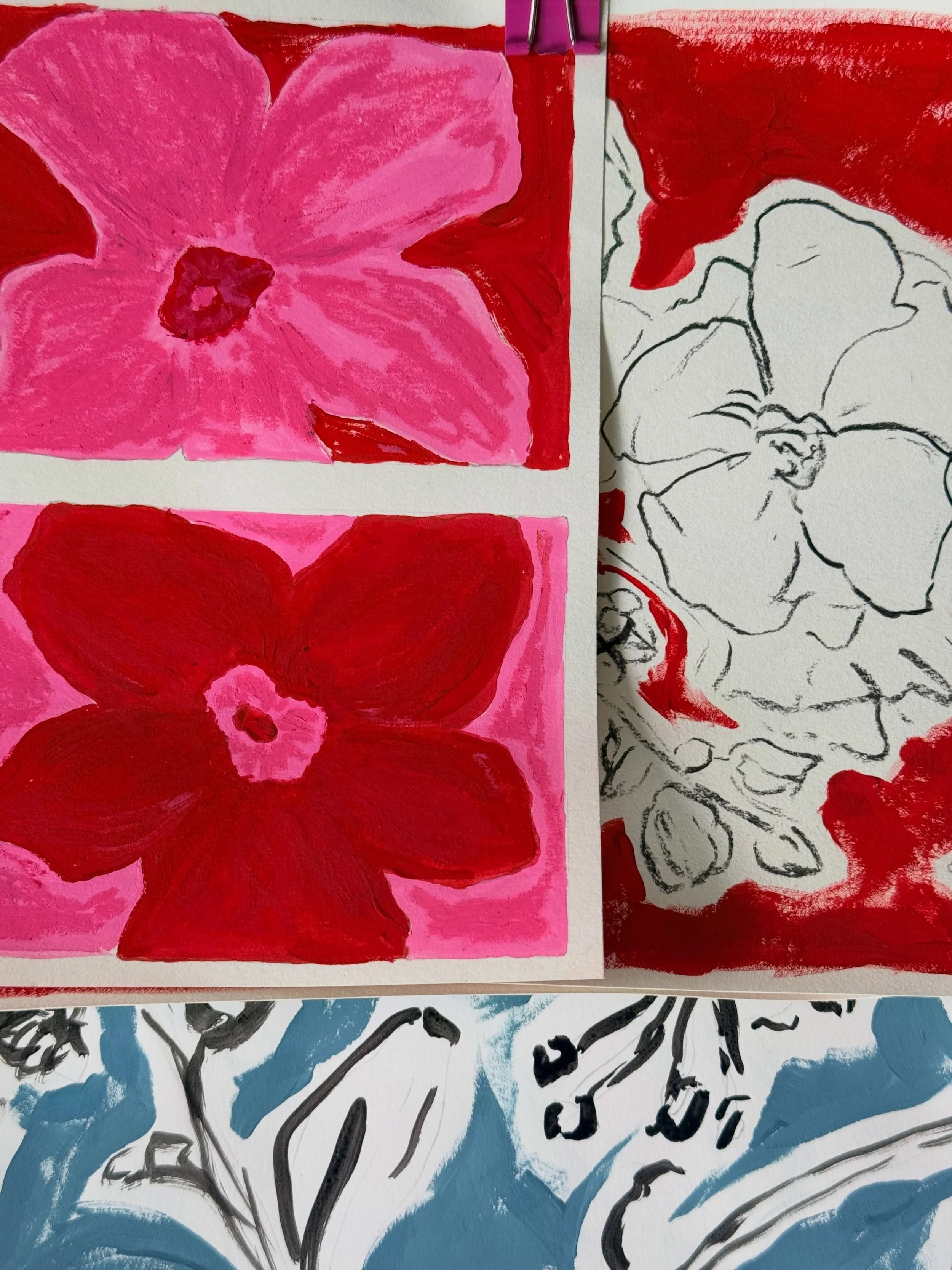 currently on my desk 🖌️ 

painterly floral repeats developed from these initial sketches are all live on my print store this week @ studio.amreace.uk
