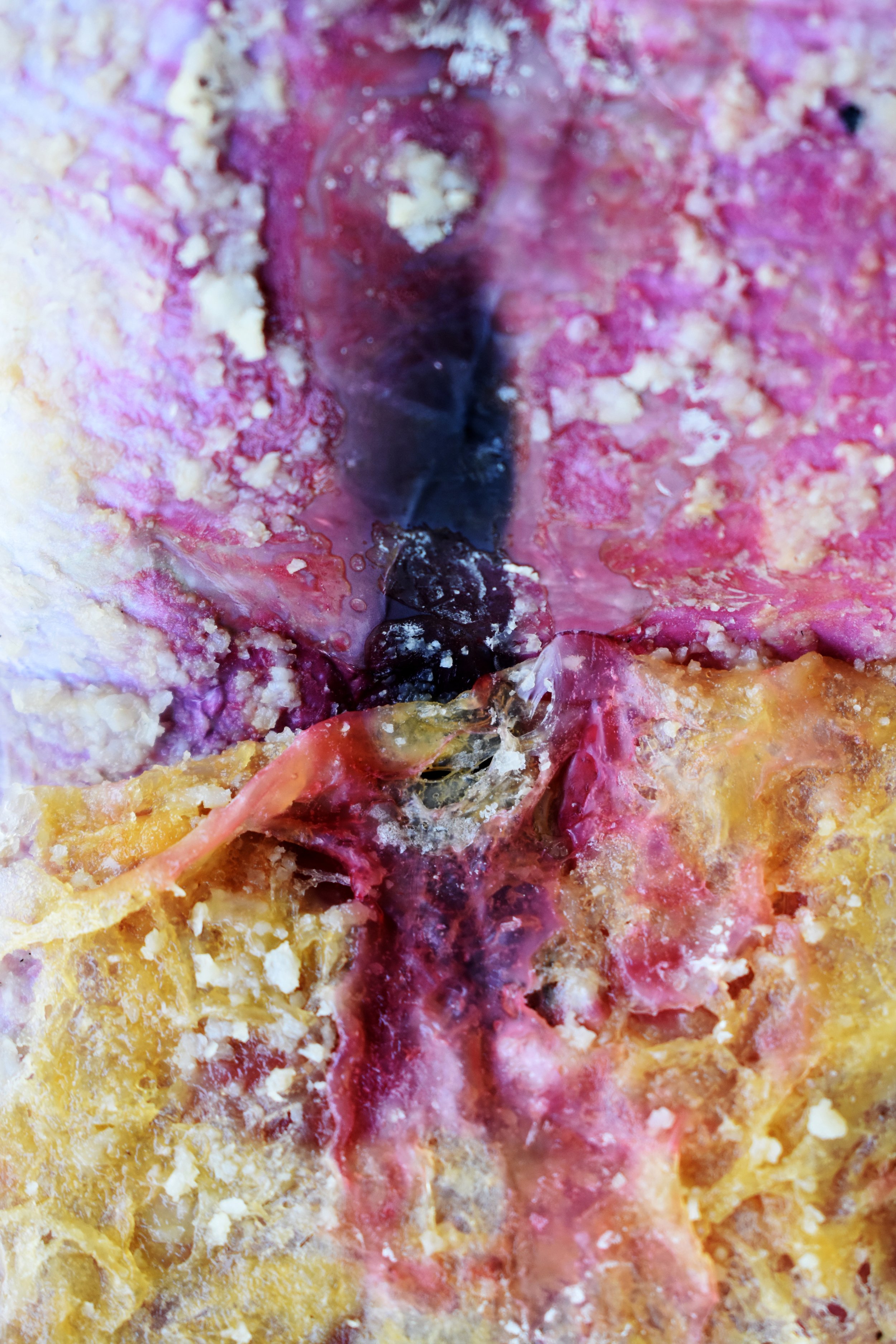 Close-up of frozen mixed berries and fruit with ice crystals.