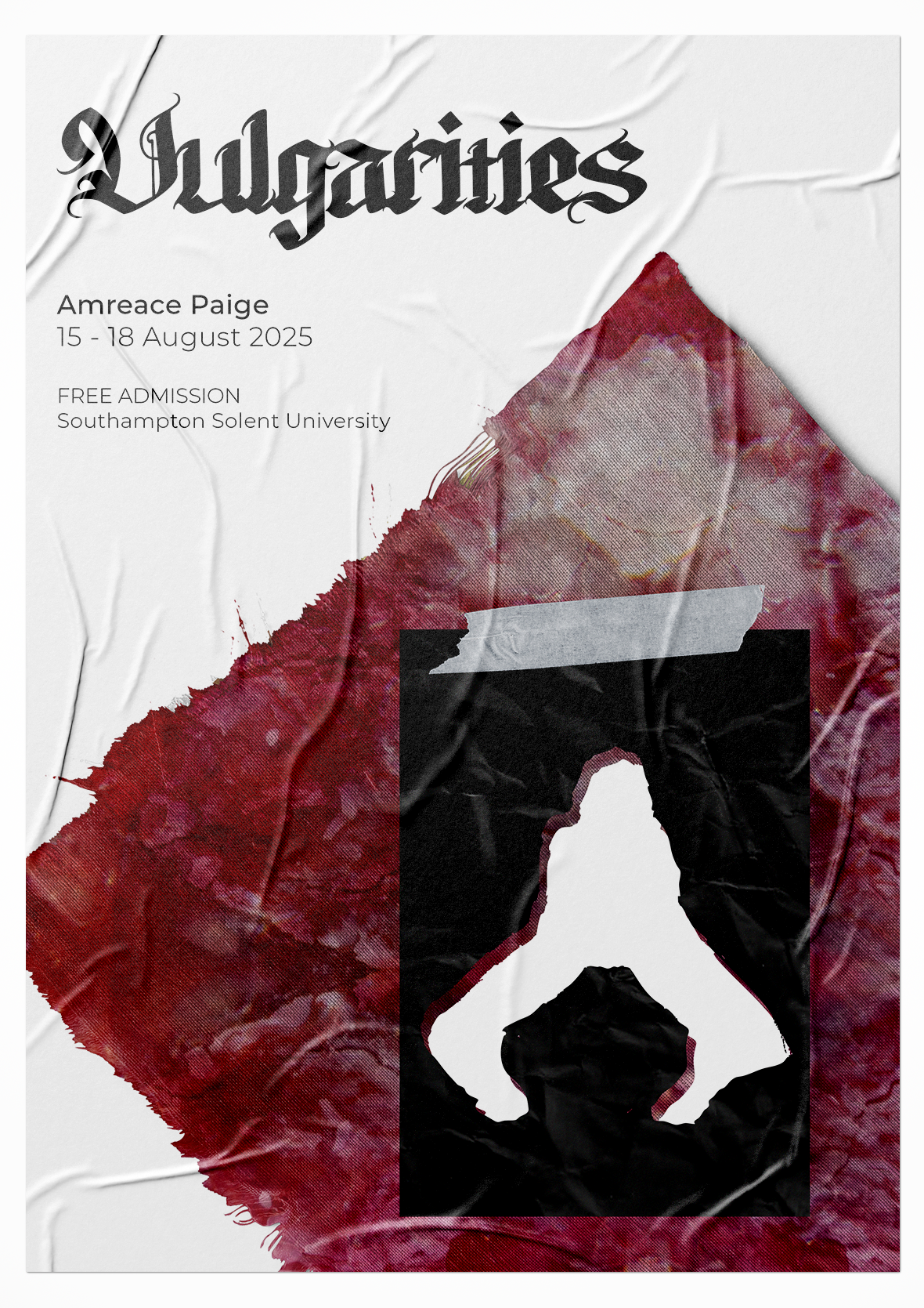 Poster for an event titled 'Vulpariss' featuring Amreace Paige, scheduled for August 15-18, 2025, at Southampton Solent University. The poster has a white background with torn, wrinkled paper texture, with a large red and black abstract graphic that resembles a stylized fox face or animal silhouette.