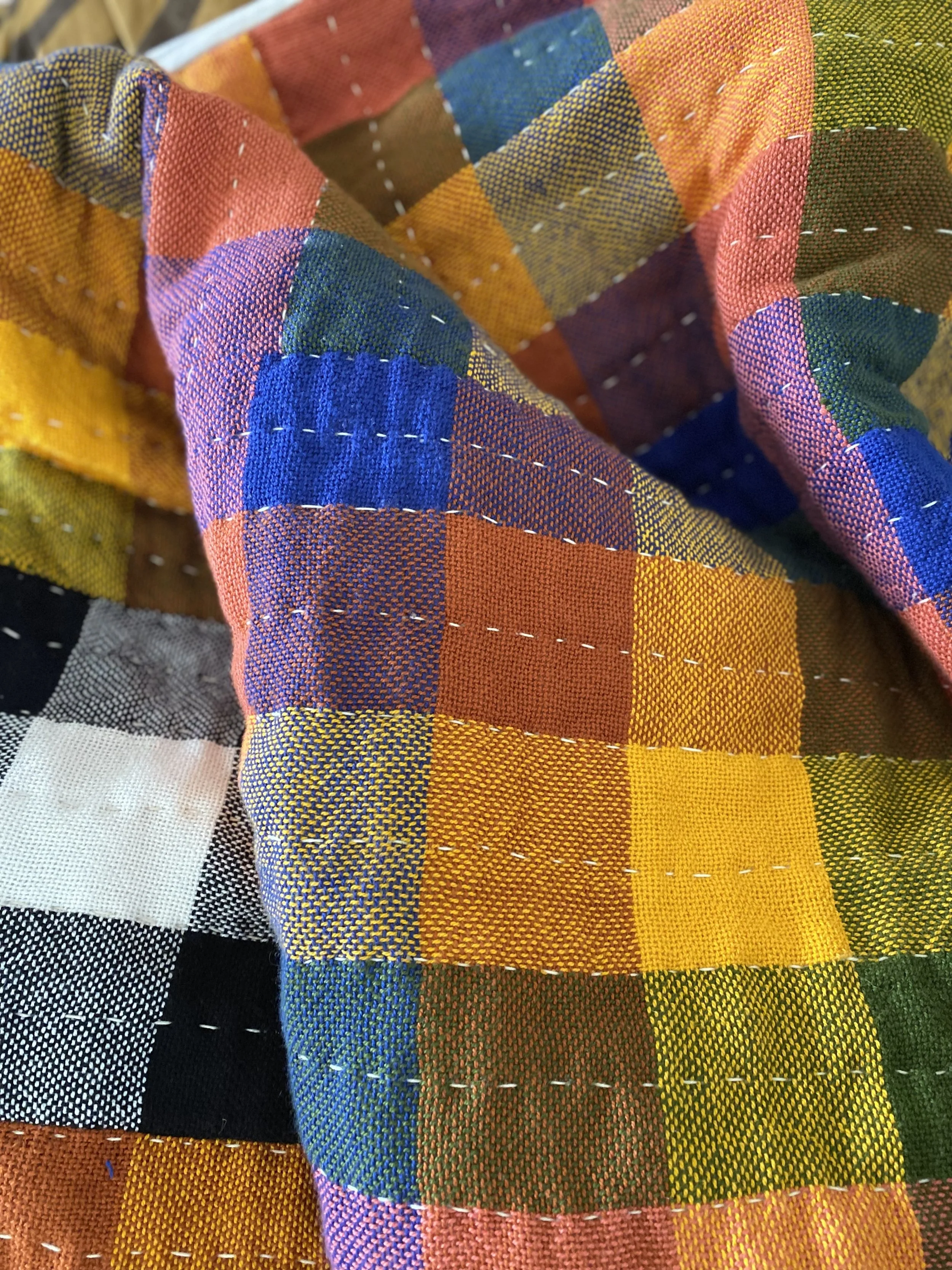 All up in the Kool-Aid (detail), 2024, handwoven cotton top, cotton and linen back, handstitched with sashiko thread