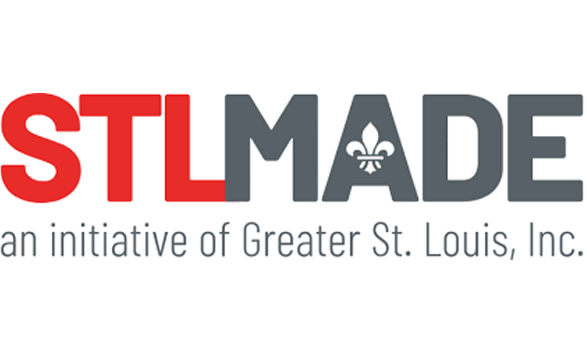 Logo for STL Made, an initiative of Greater St. Louis Inc., featuring the text 'STL MADE' with 'STL' in red and 'MADE' in gray, and a small white fleur-de-lis inside the letter 'A'.