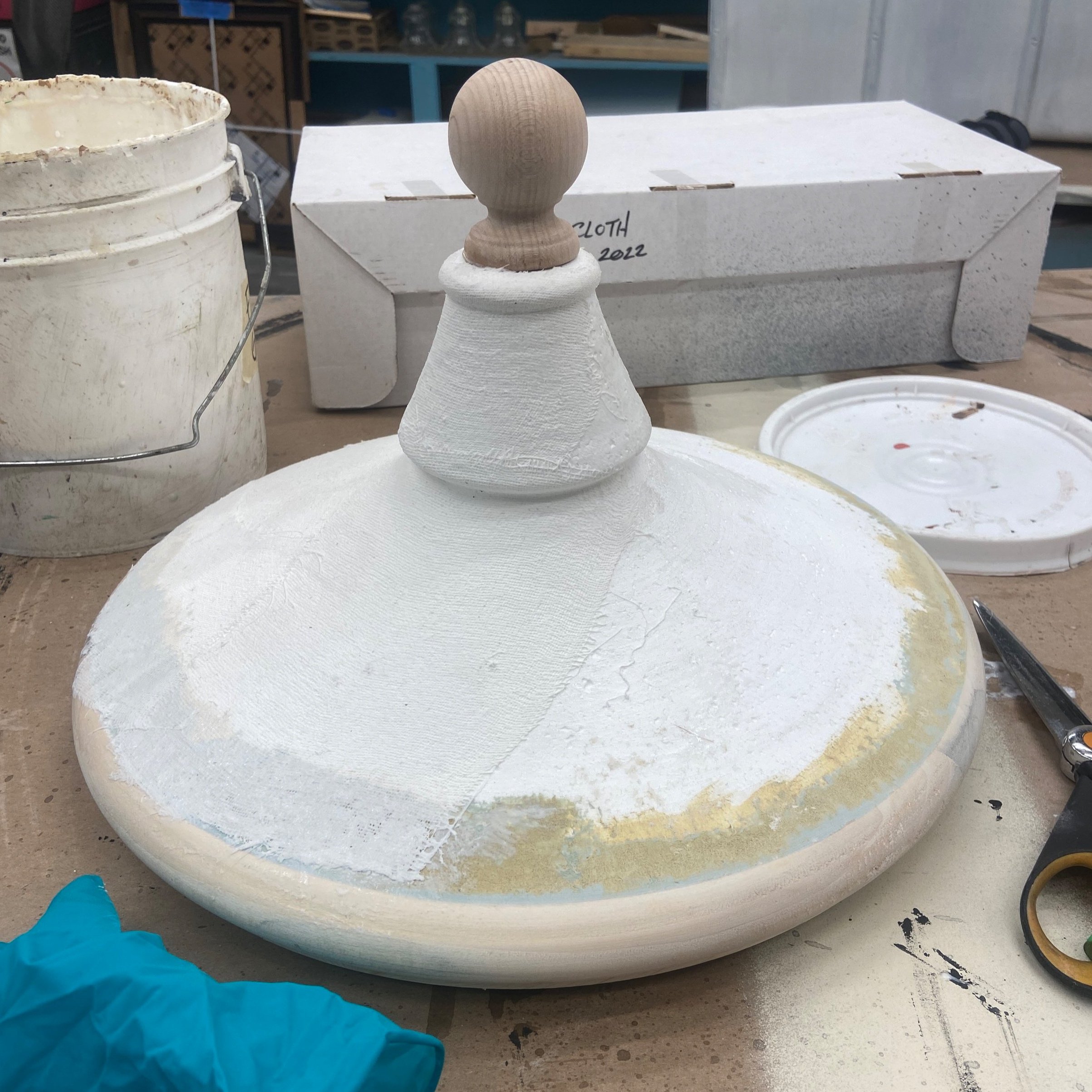 FINIAL, SURFACE PREP WITH CHEESE CLOTH AND PAINT TREATMENT