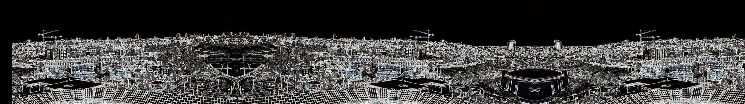 A panoramic cityscape with numerous buildings, construction cranes, and a stadium, edited with a digital filter that outlines structures against a black background.