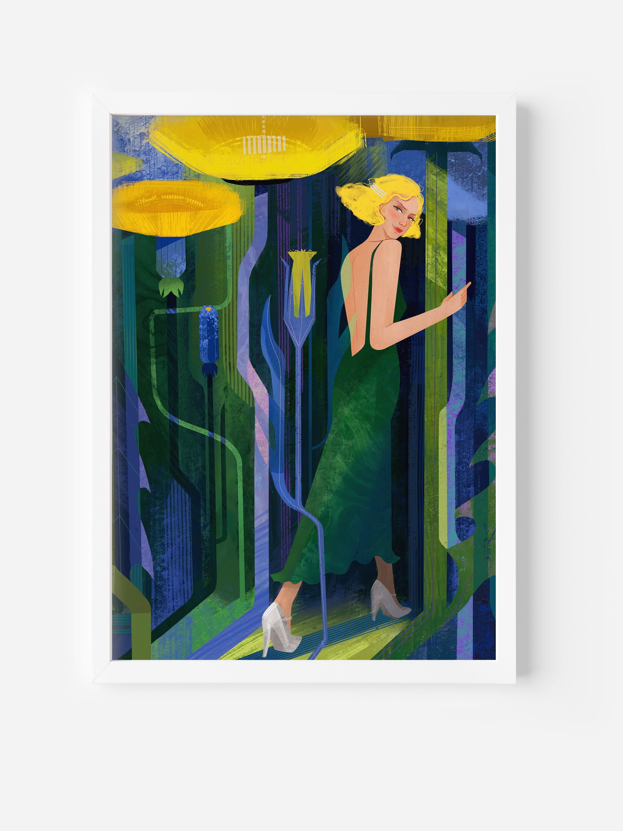 Surreal spring fine art print in wooden frame – woman walking under abstract yellow flowers, modern nature-inspired wall decor.