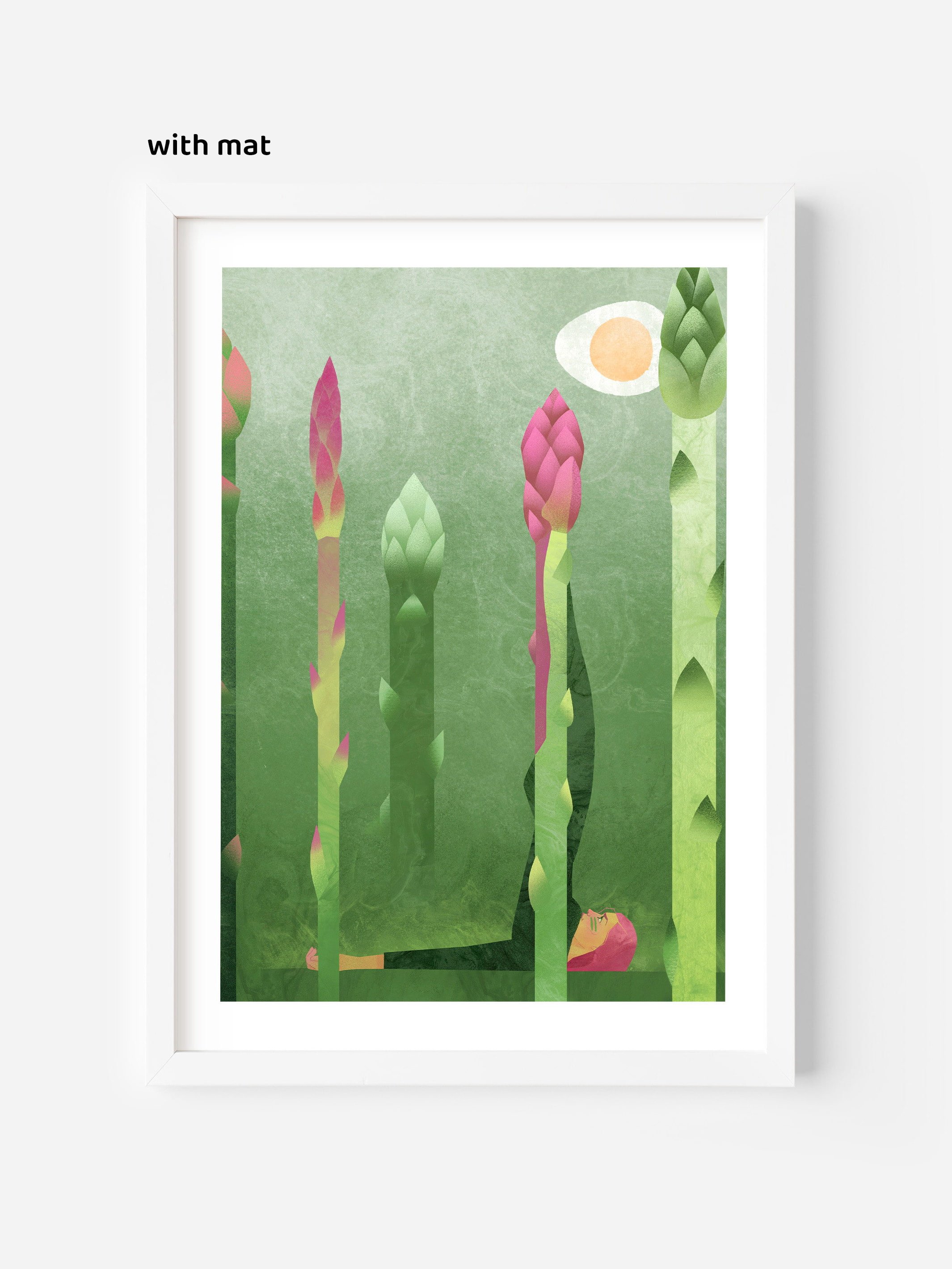 Framed wellness poster with mat — surreal spring illustration of a woman stretching into asparagus, ideal for kitchen or home gym decor.