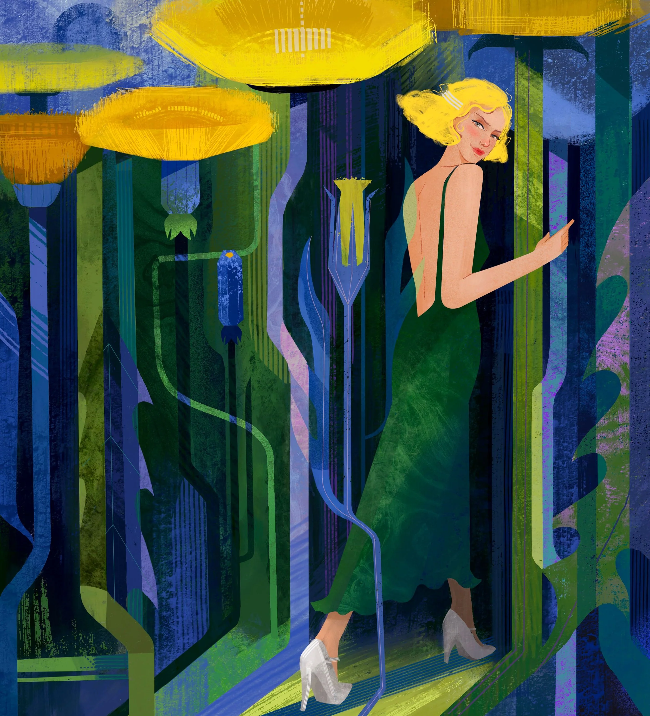 Conceptual illustration depicting an elegant woman in a green dress walking through a surreal architectural forest of towering plants and glowing structures, symbolizing transformation, beauty, and the harmony between nature and design.