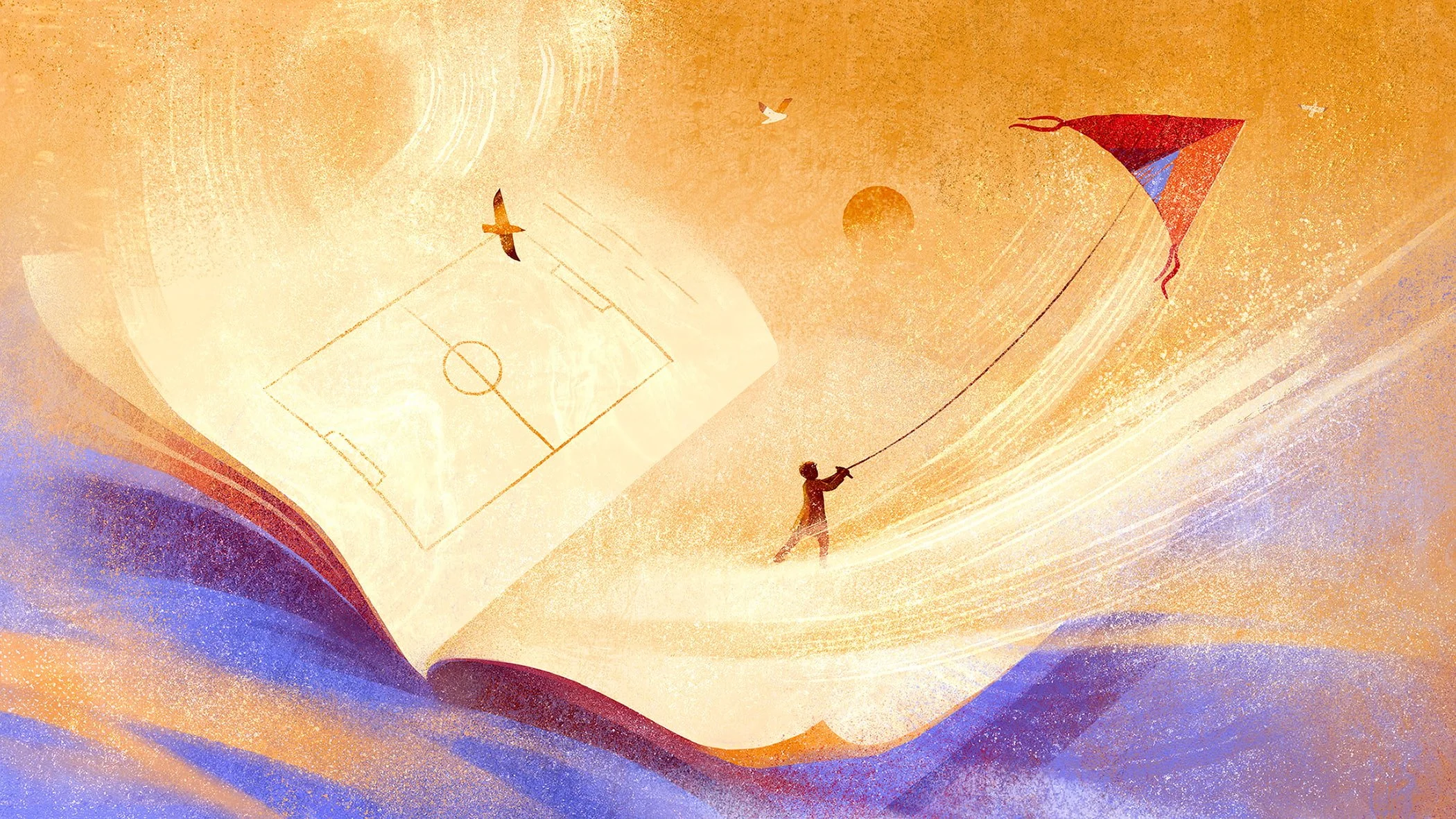 Editorial illustration depicting a child flying a kite across the pages of an open book with a drawn soccer field, symbolizing imagination, childhood dreams, storytelling, and the freedom of play.
