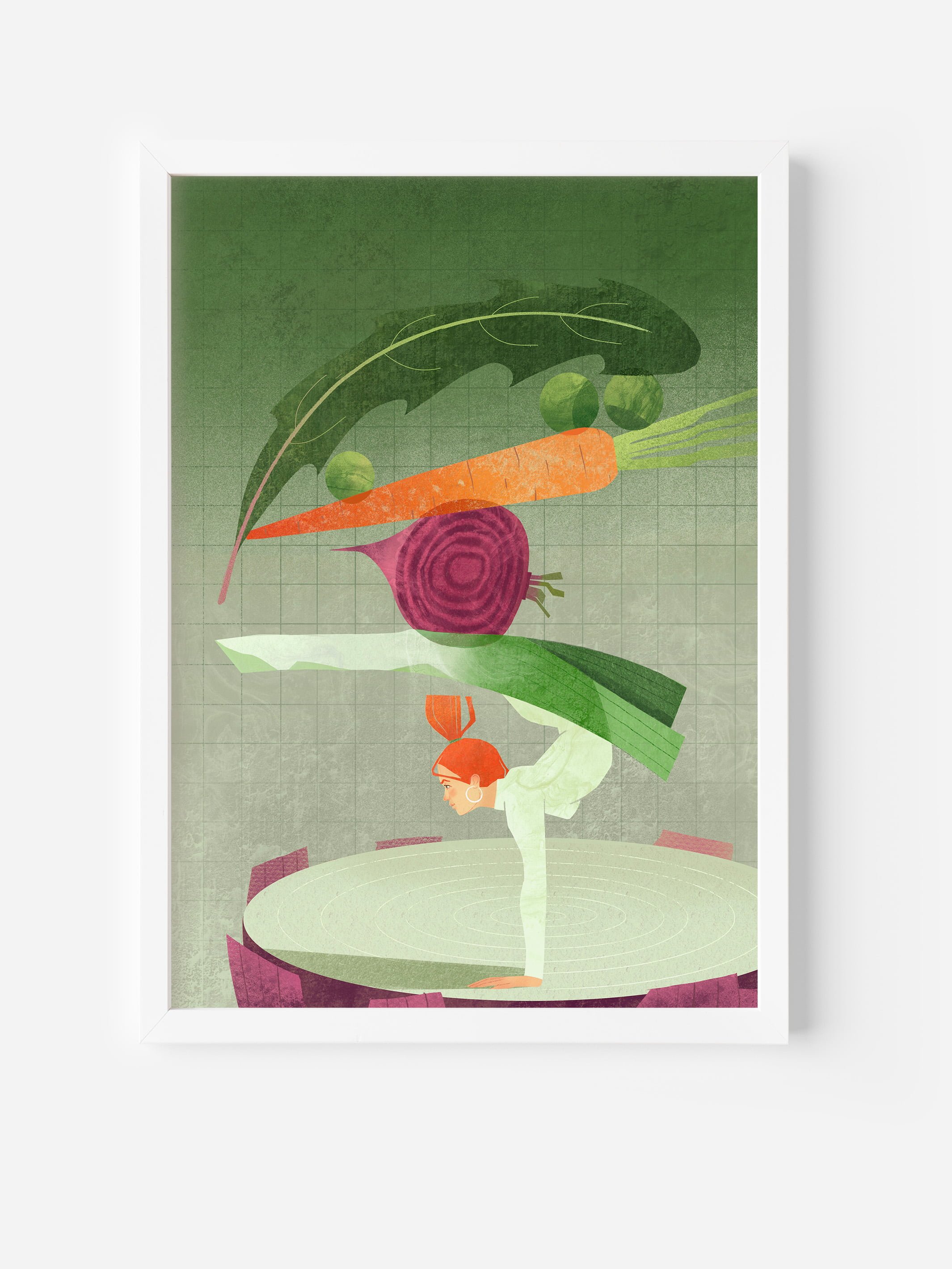 Framed healthy lifestyle wall art showing woman balancing vegetables and dessert in yoga pose – wellness and diet poster.
