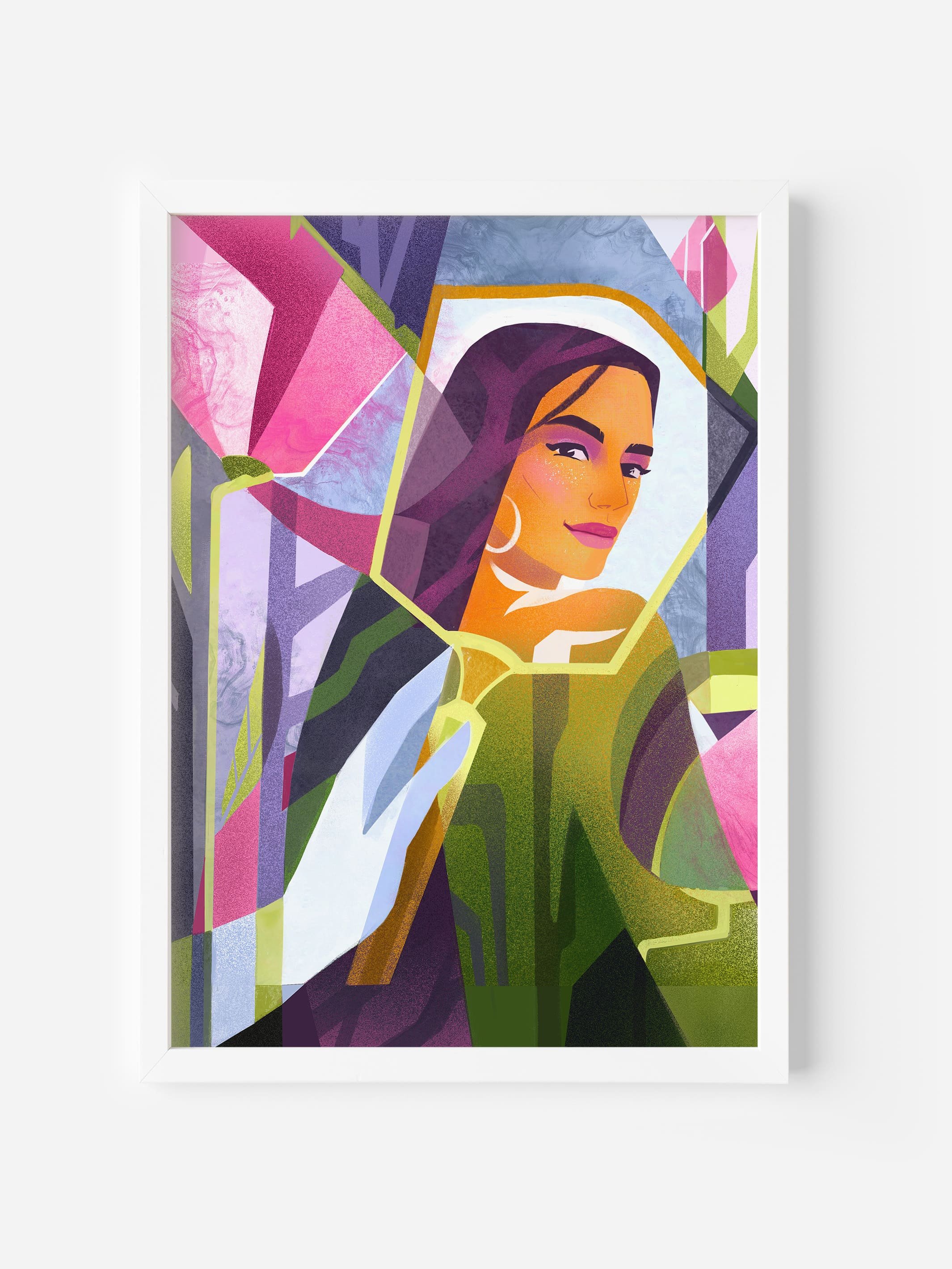 Framed wall art print of a woman looking into a mirror surrounded by pink flowers — modern portrait poster for self-love and interior decor.