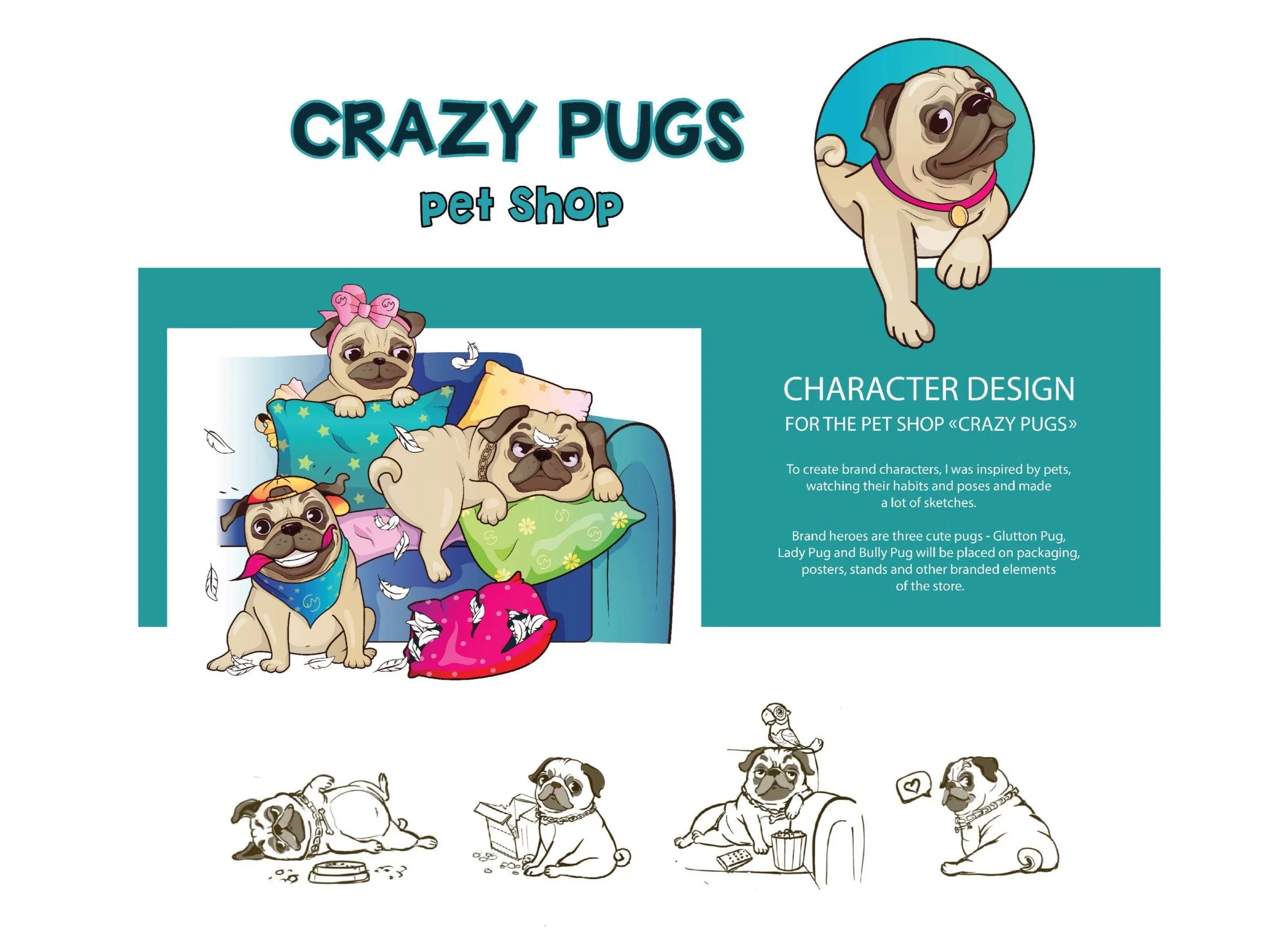 Brand mascot illustration depicting playful cartoon pug characters for a pet shop brand, featuring expressive dog mascots in various poses and scenes, symbolizing fun, friendliness, and pet-centered brand identity.
