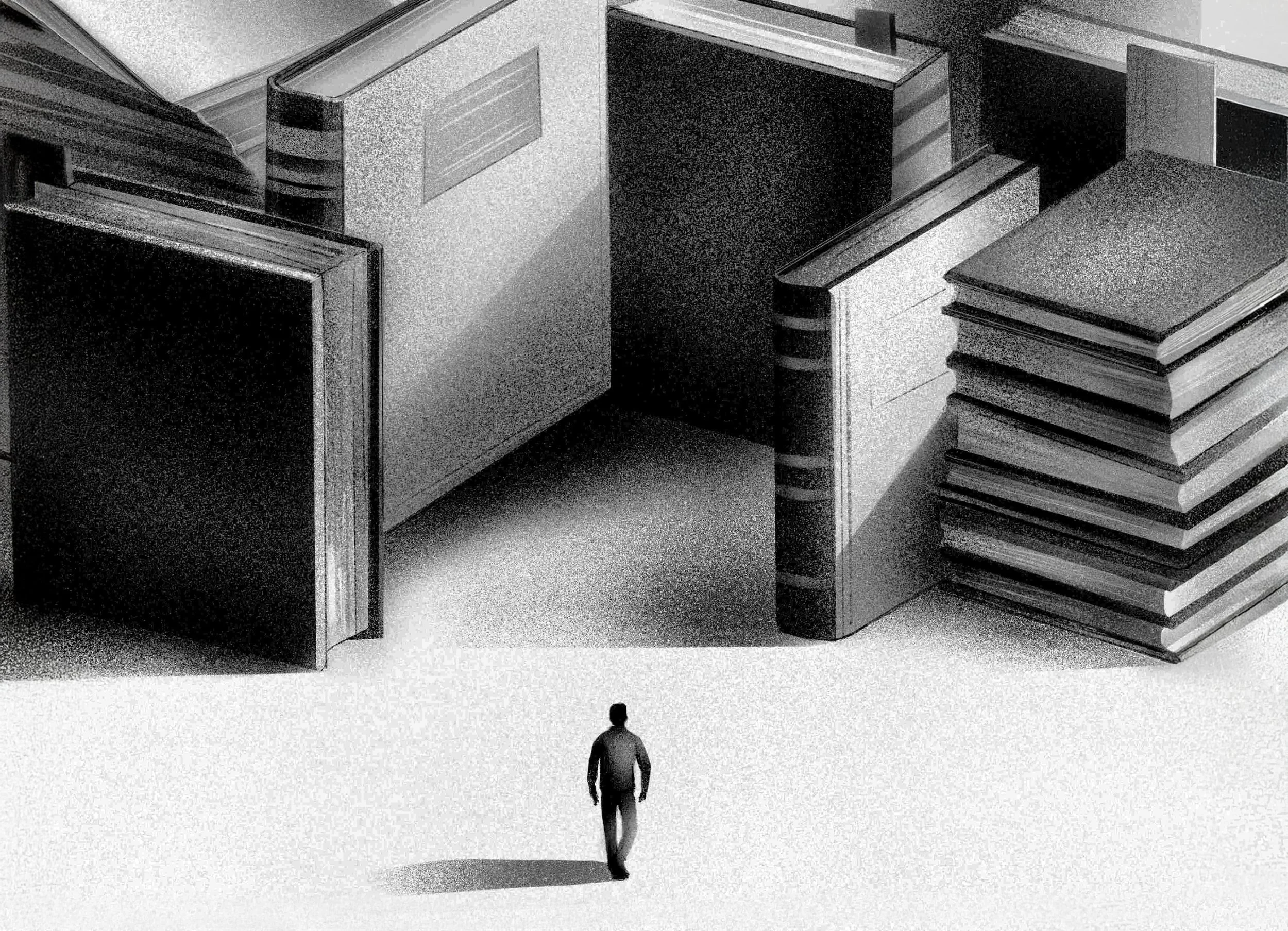 Monochrome conceptual illustration of a small figure walking through a labyrinth of giant books, symbolizing knowledge and exploration.