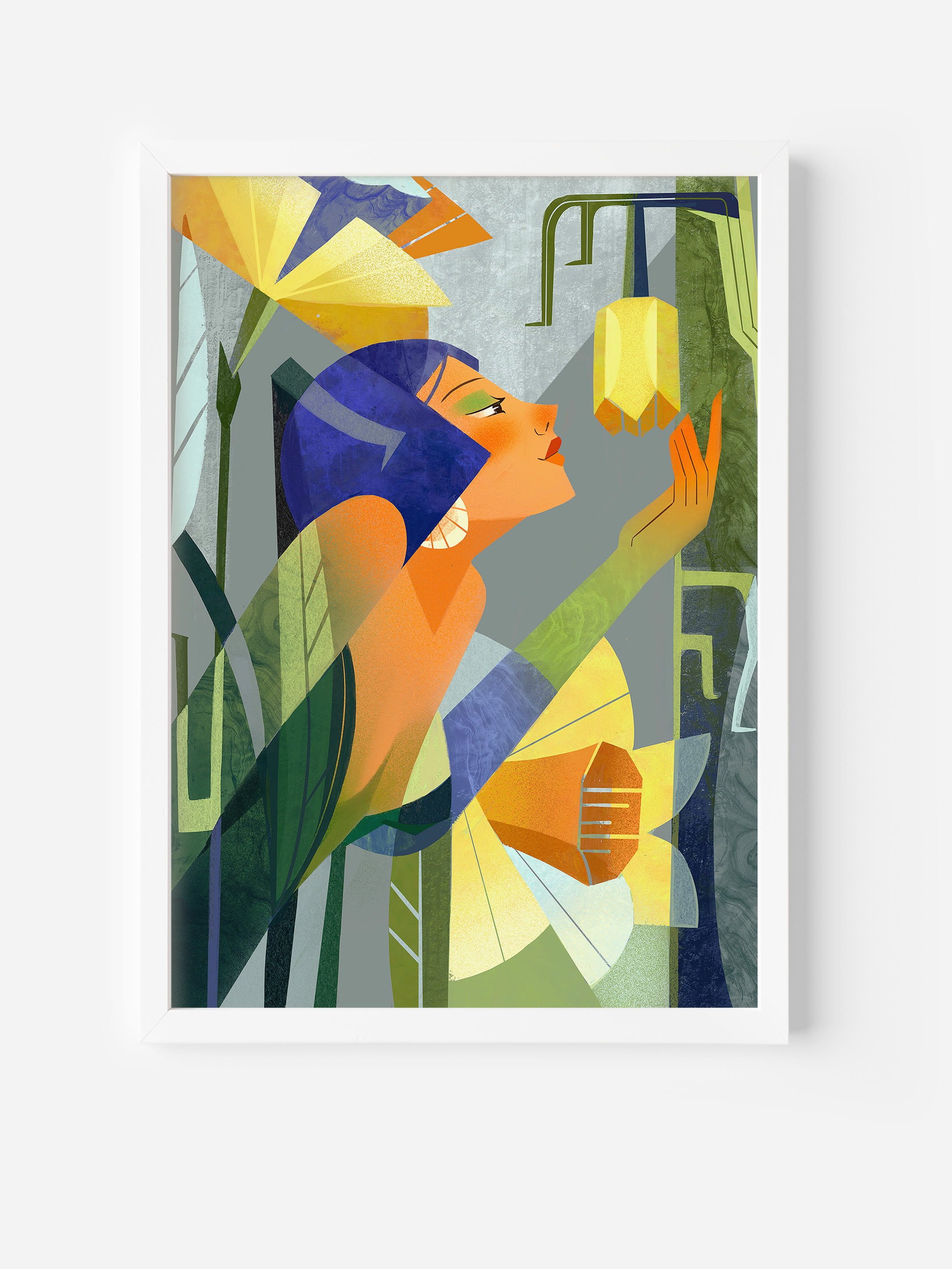 Framed fine art print of a woman leaning toward a narcissus flower. Poetic wall art about self-reflection, beauty, and feminine stillness.