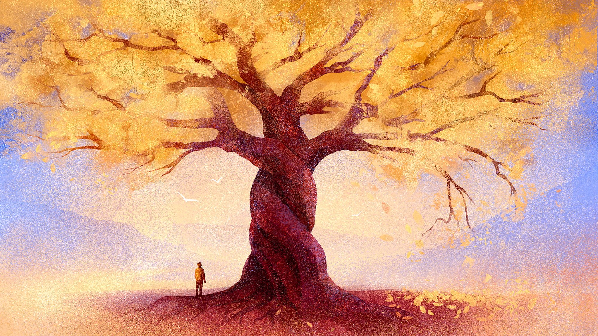 Editorial illustration depicting a solitary person standing beneath a large golden autumn tree with falling leaves, symbolizing reflection, the passage of time, and the connection between human life and nature.