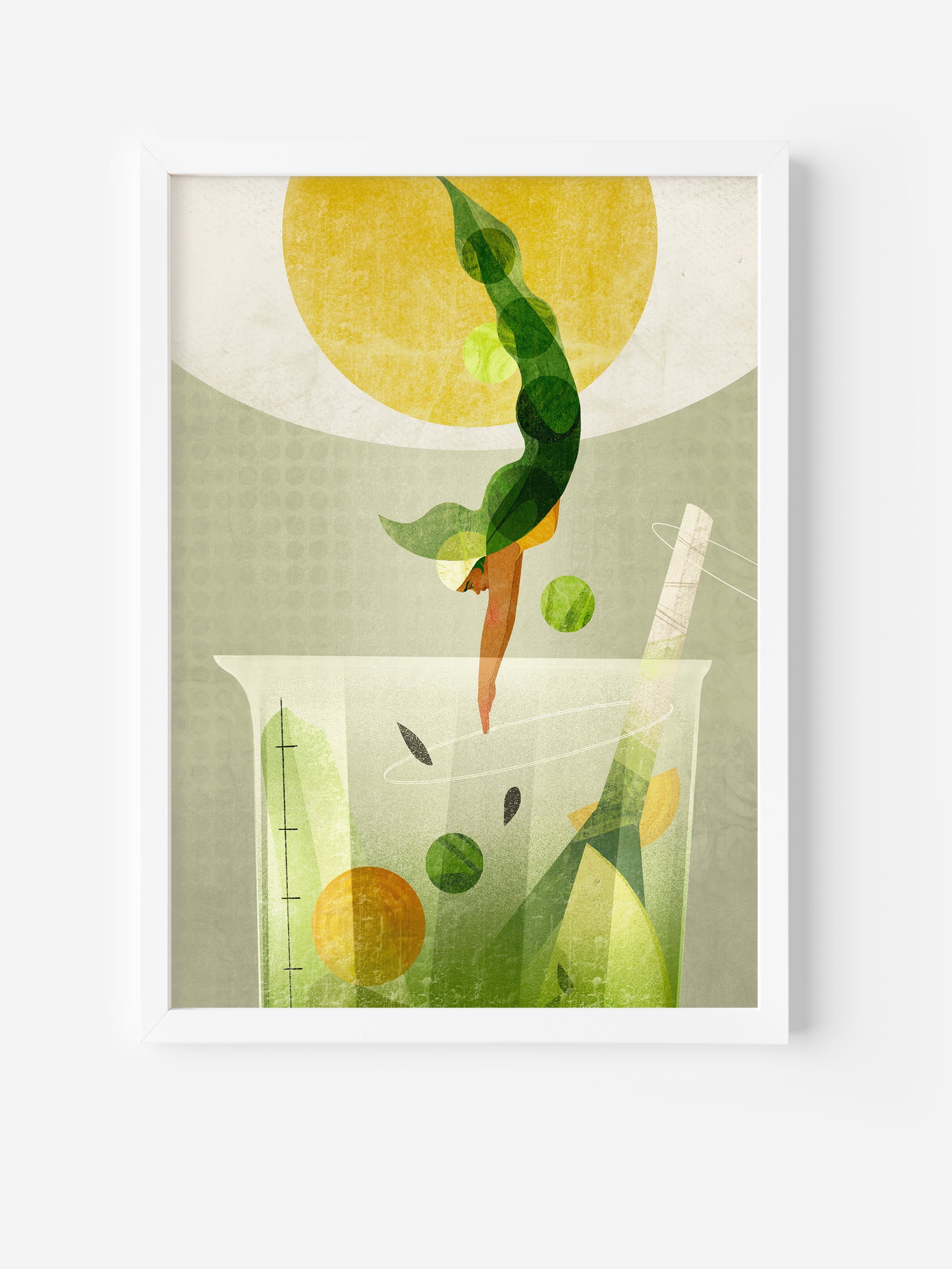 Fine art poster in a minimalist frame featuring a surreal green smoothie illustration, perfect for wellness-focused interiors or healthy lifestyle inspiration.