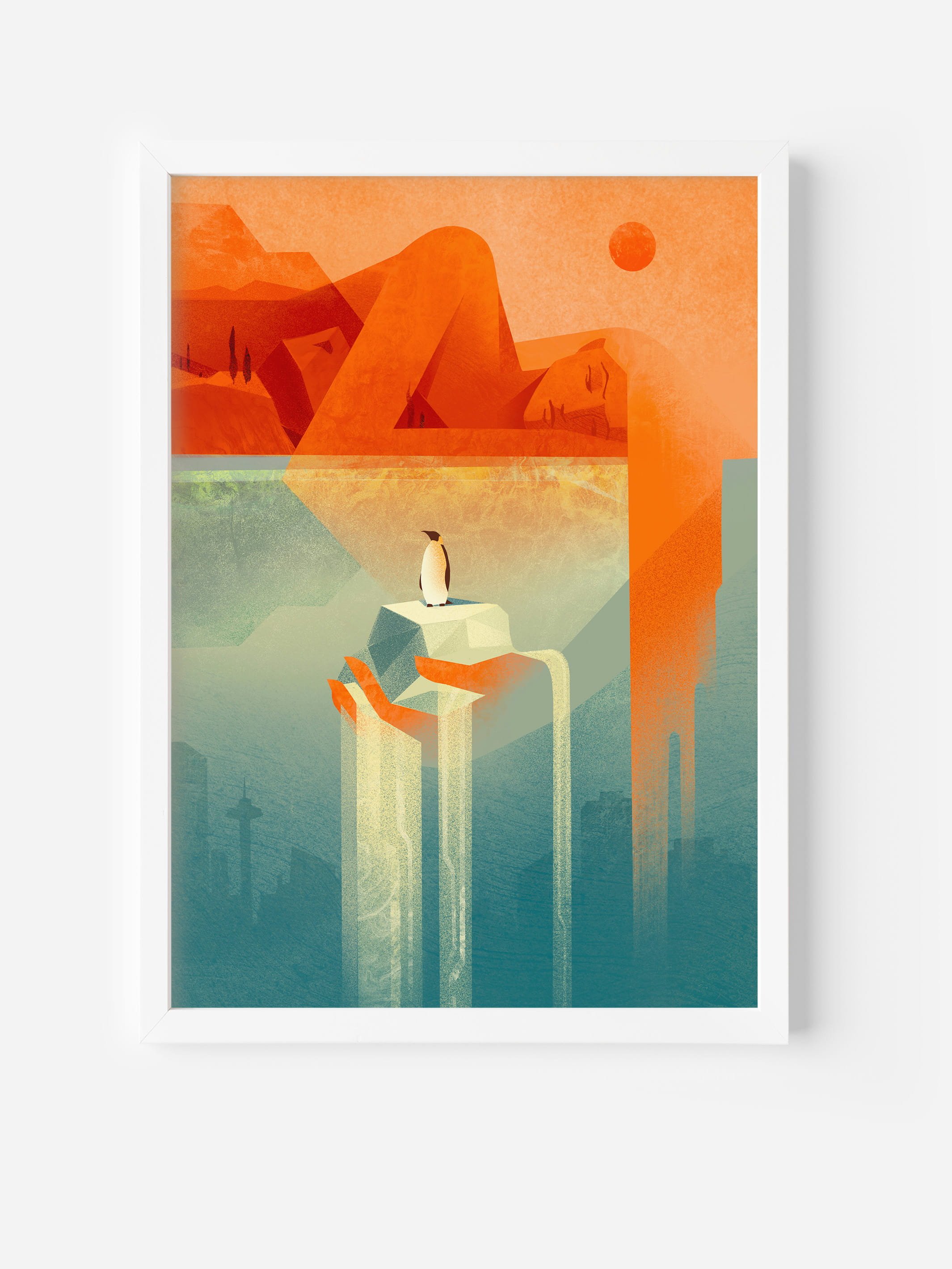 Framed fine art climate change poster showing a penguin on melting ice held by human hands. Emotional wall art for social awareness and modern interiors.