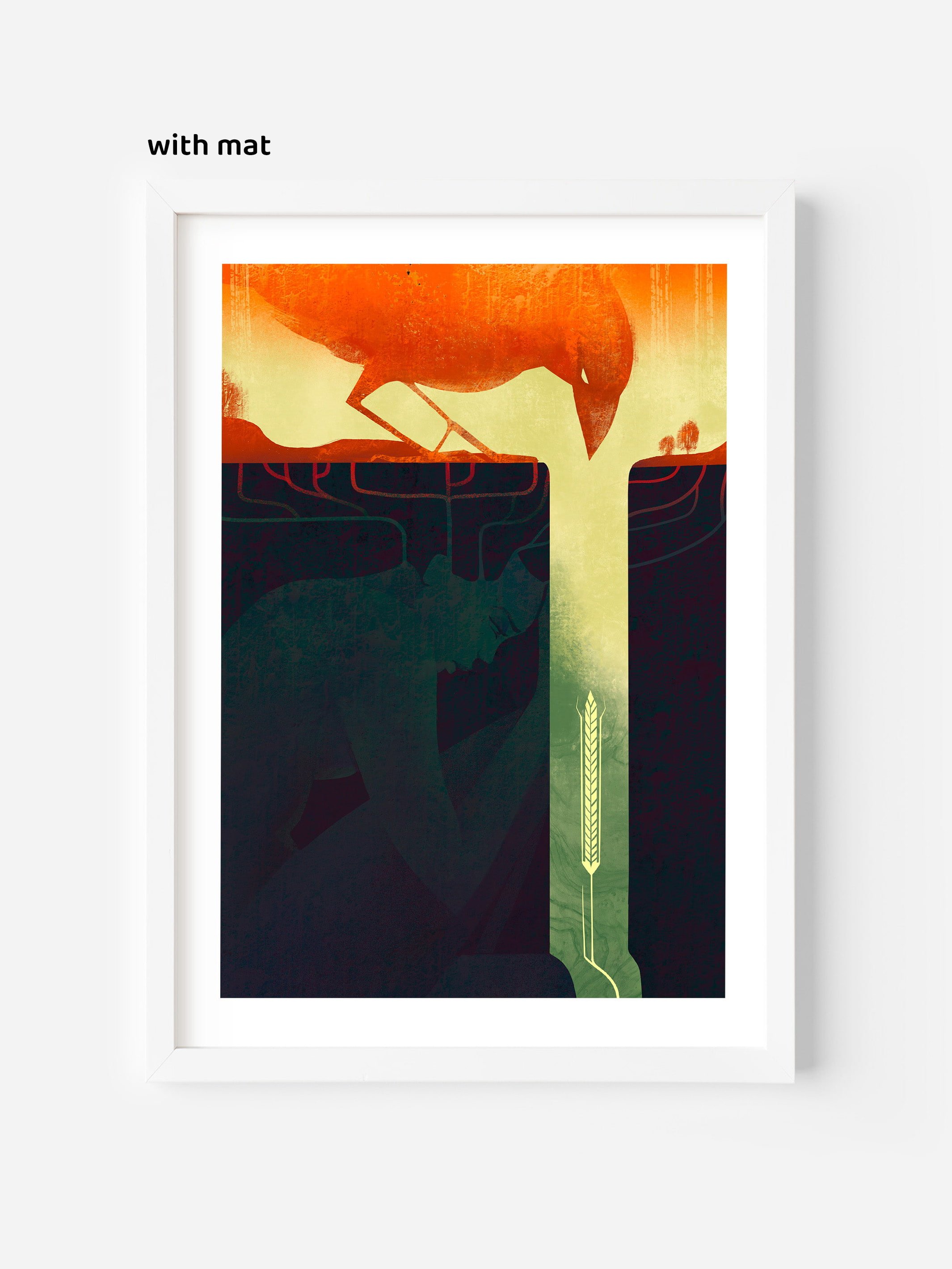 Editorial illustration in white mat frame showing a bird, underground figure, and wheat stalk. Interior design poster about climate, hunger, and ecological fragility.