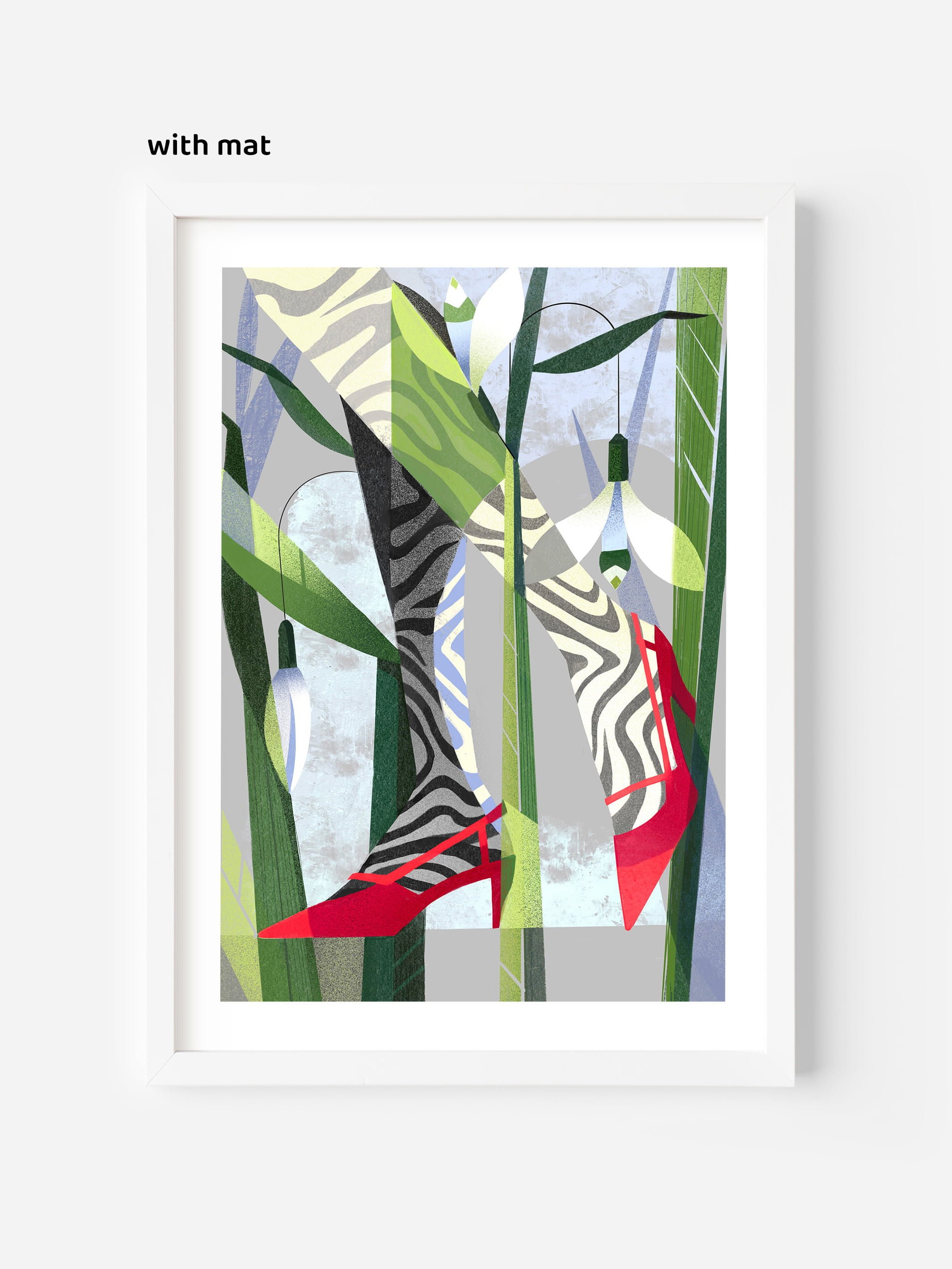 Framed wall art print with mat board featuring a surreal spring fashion illustration — soft feminine poster for modern interiors and seasonal decor.