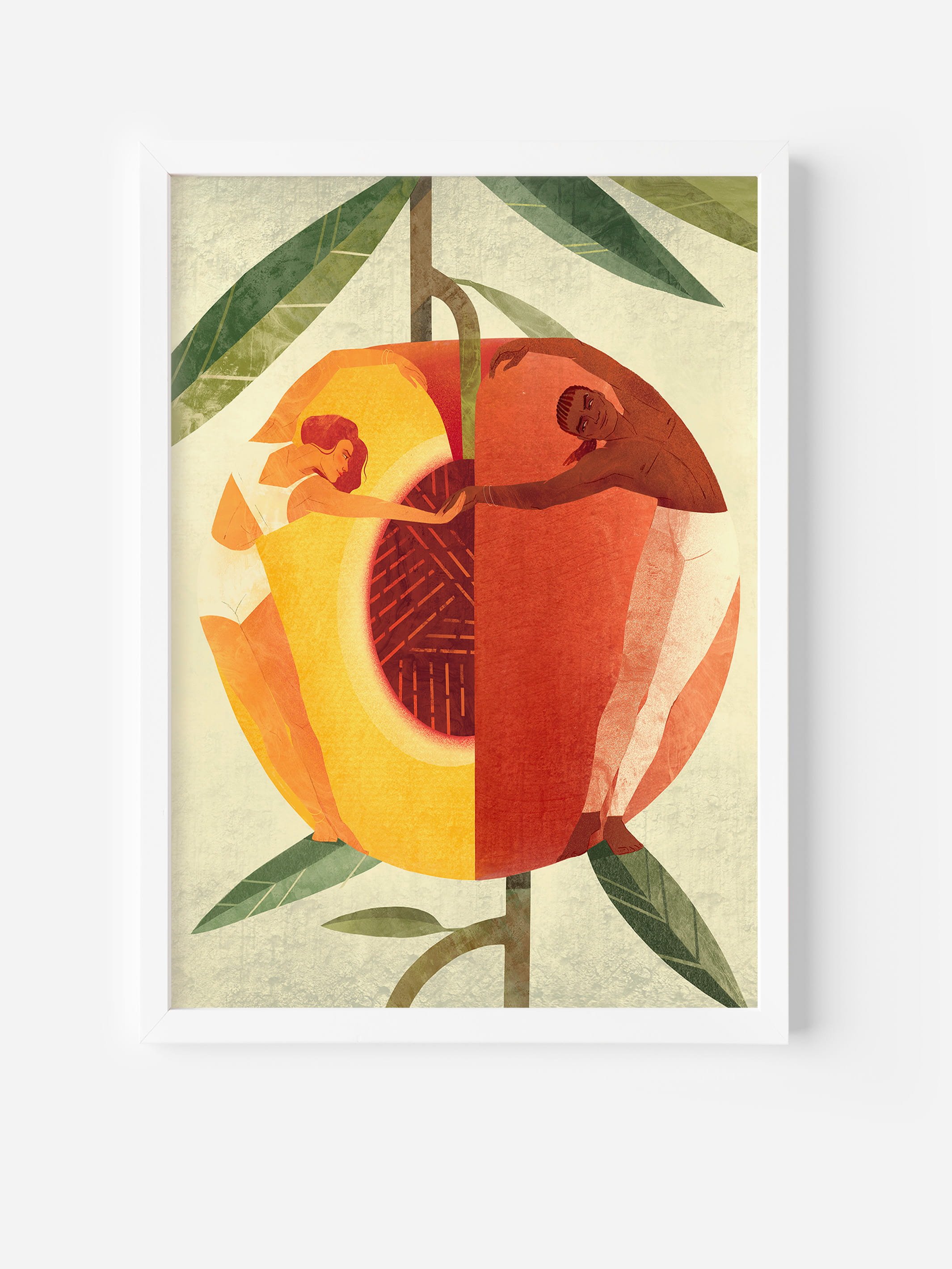 Framed art print of two peach halves symbolizing support and friendship — colorful wall decor for kitchen or living space.