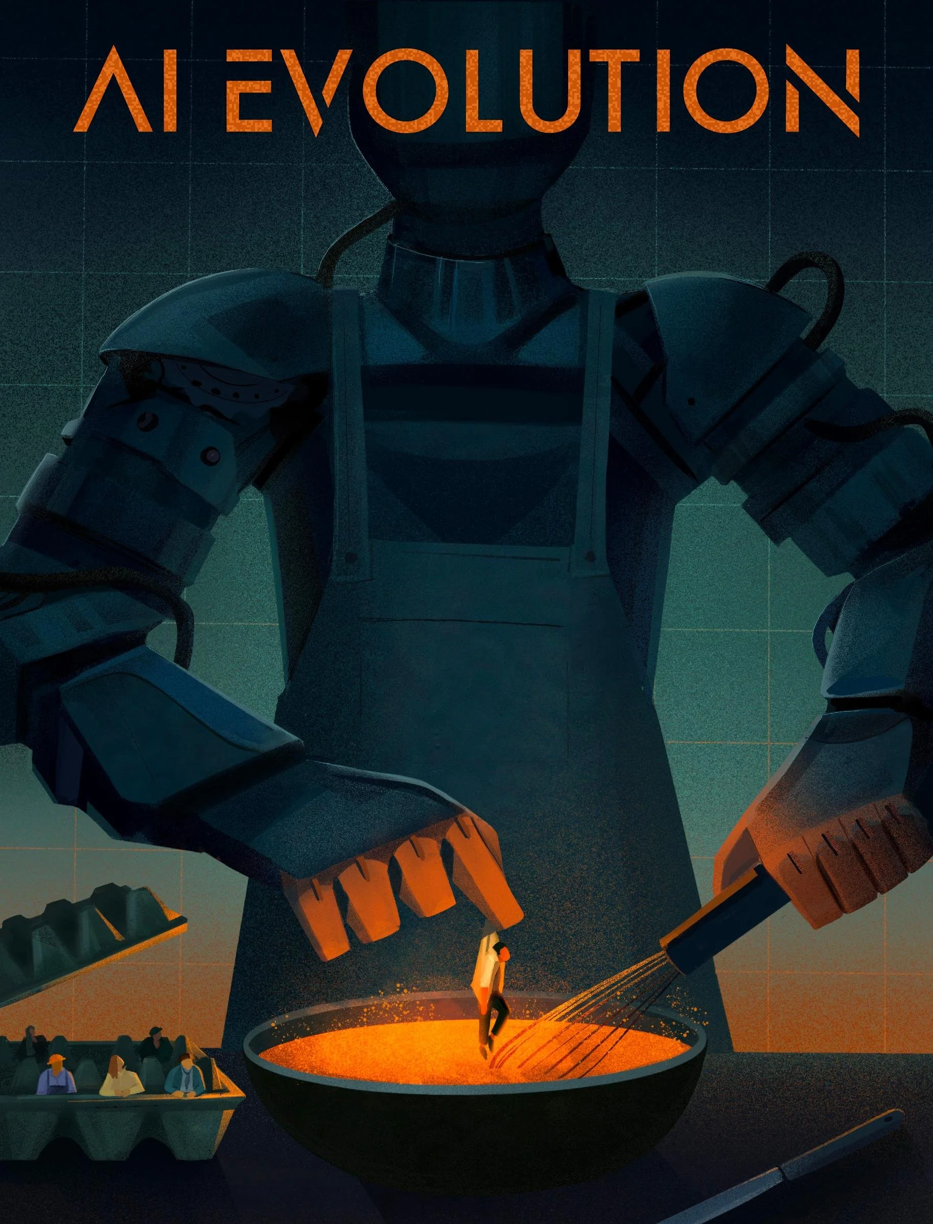 Magazine cover illustration depicting a giant humanoid robot towering over a small human figure, forging sparks below under the title “AI Evolution,” symbolizing artificial intelligence, technological power, and the future of human–machine collaboration.