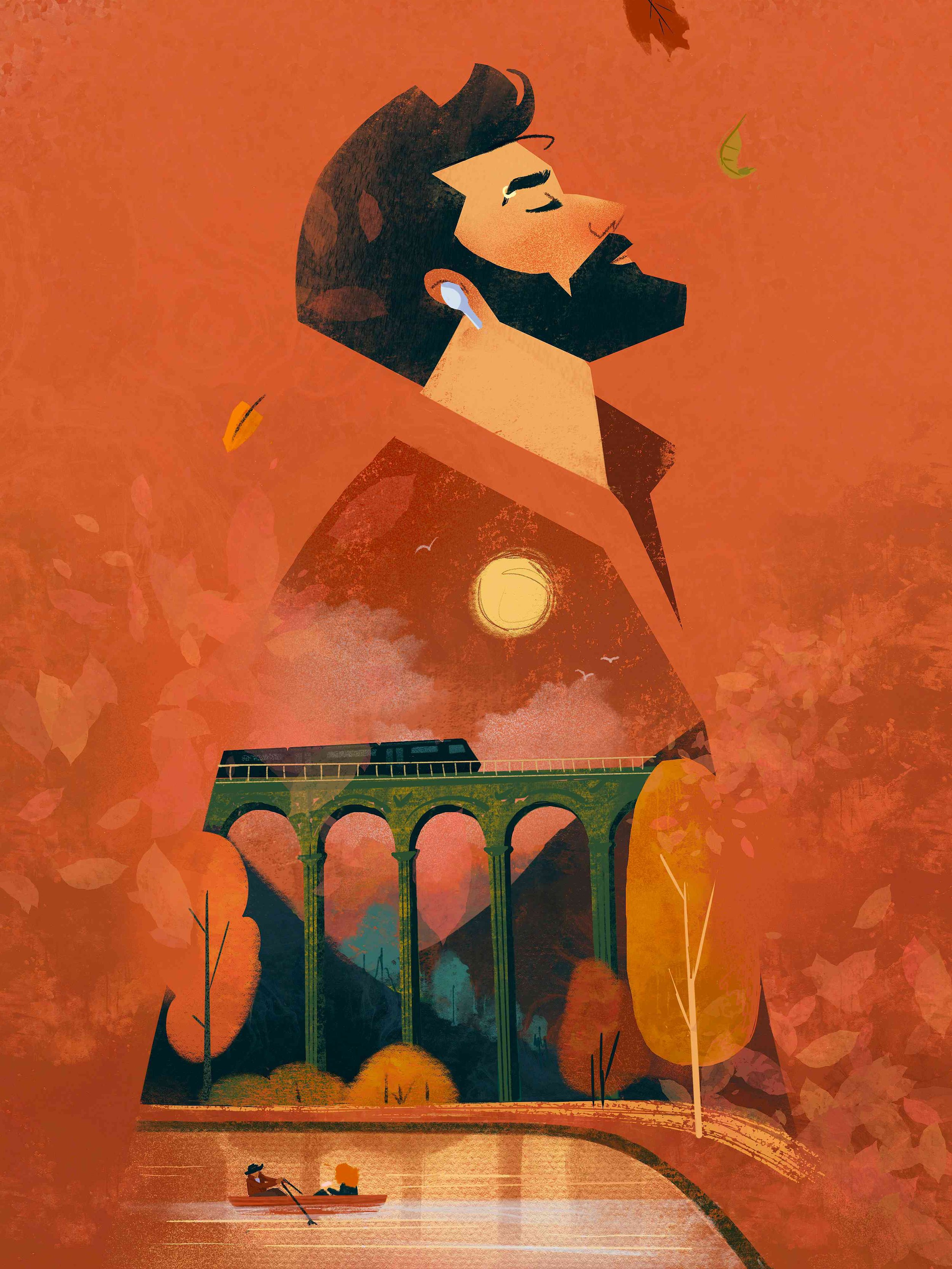 Unframed poster print of surreal autumn artwork with golden trees and slow train.