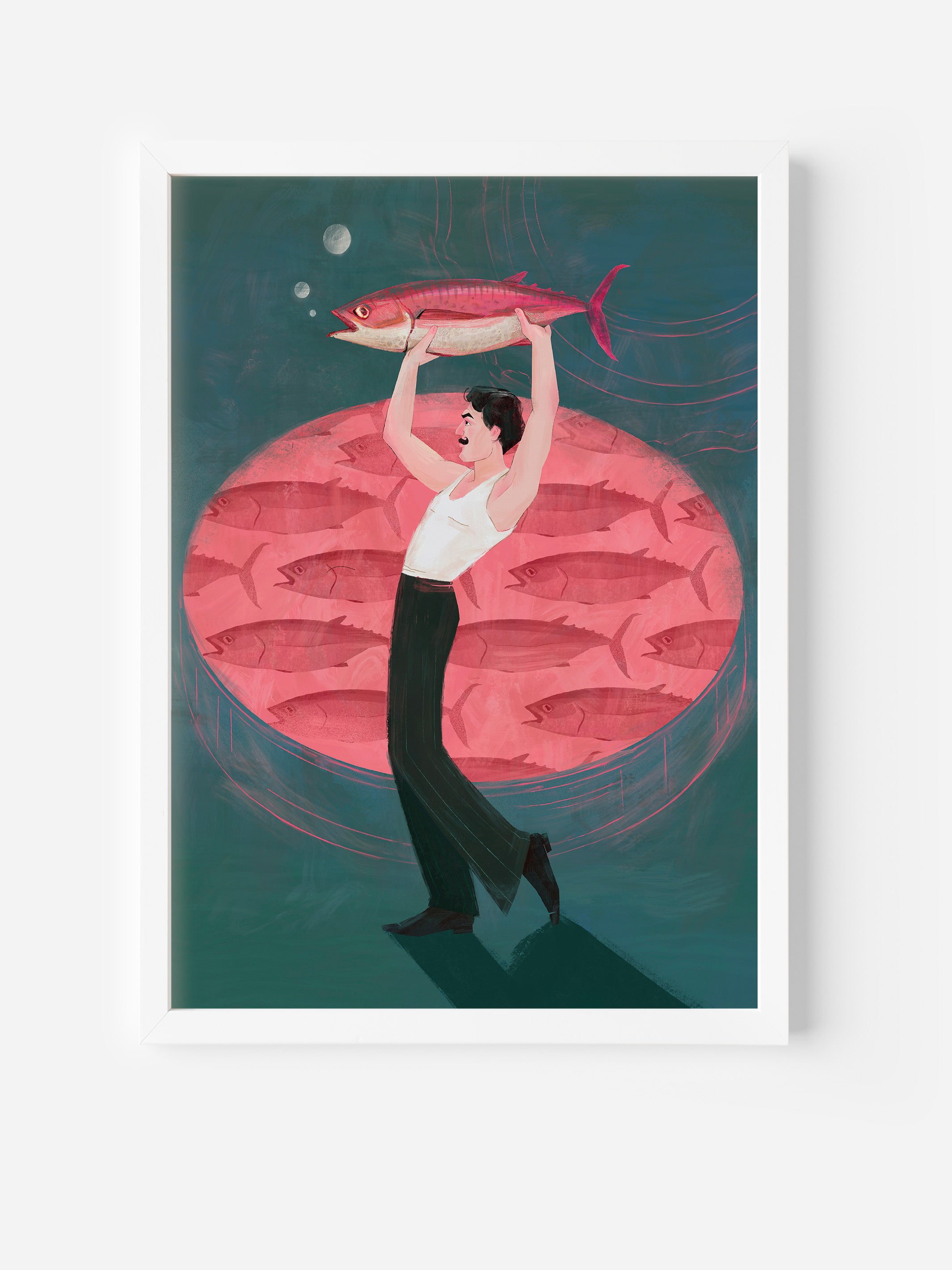 Framed art print poster titled “Your Chance to Speak Up” – surreal illustration of man with fish megaphone, wall art for courage and bold expression.