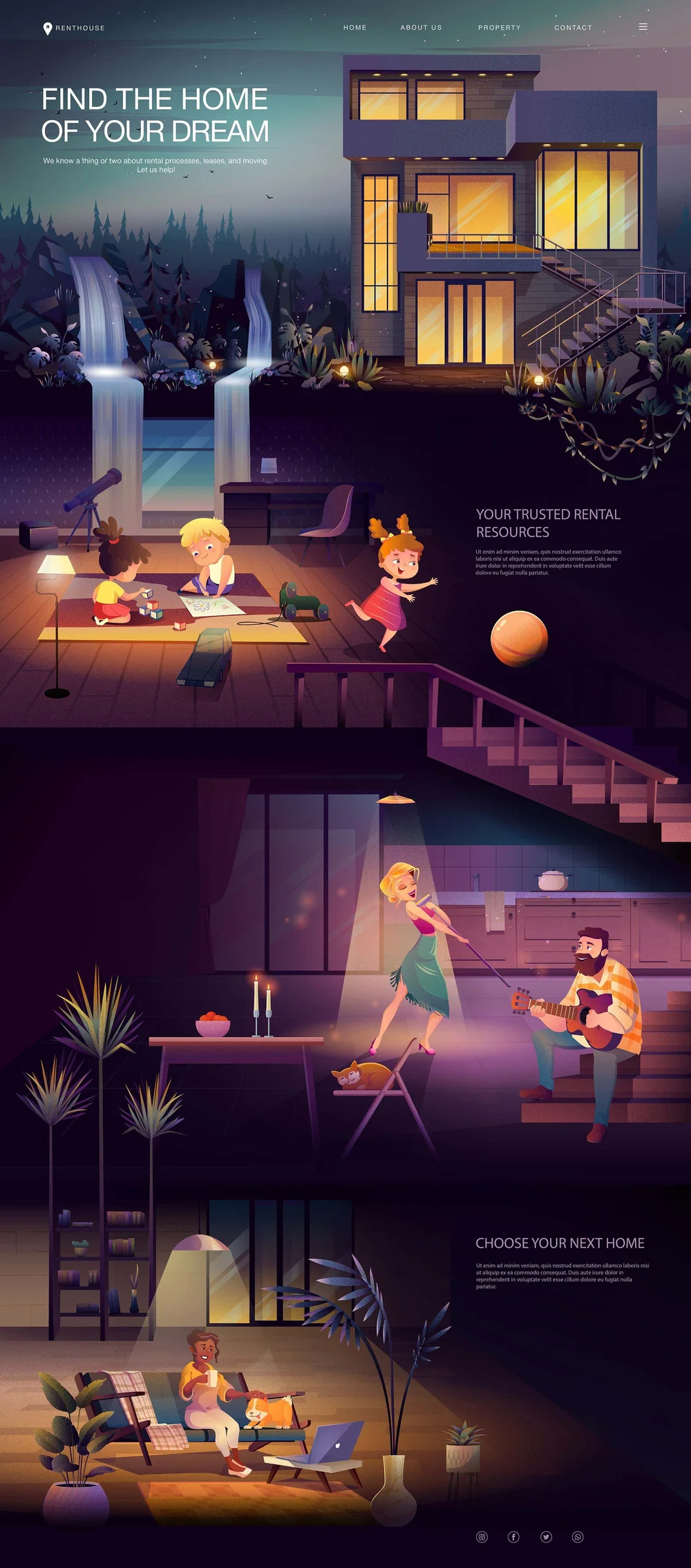 UI illustration depicting a rental website homepage with a modern house and layered interior scenes of family life, work, and relaxation, symbolizing home search, comfort, and everyday living.