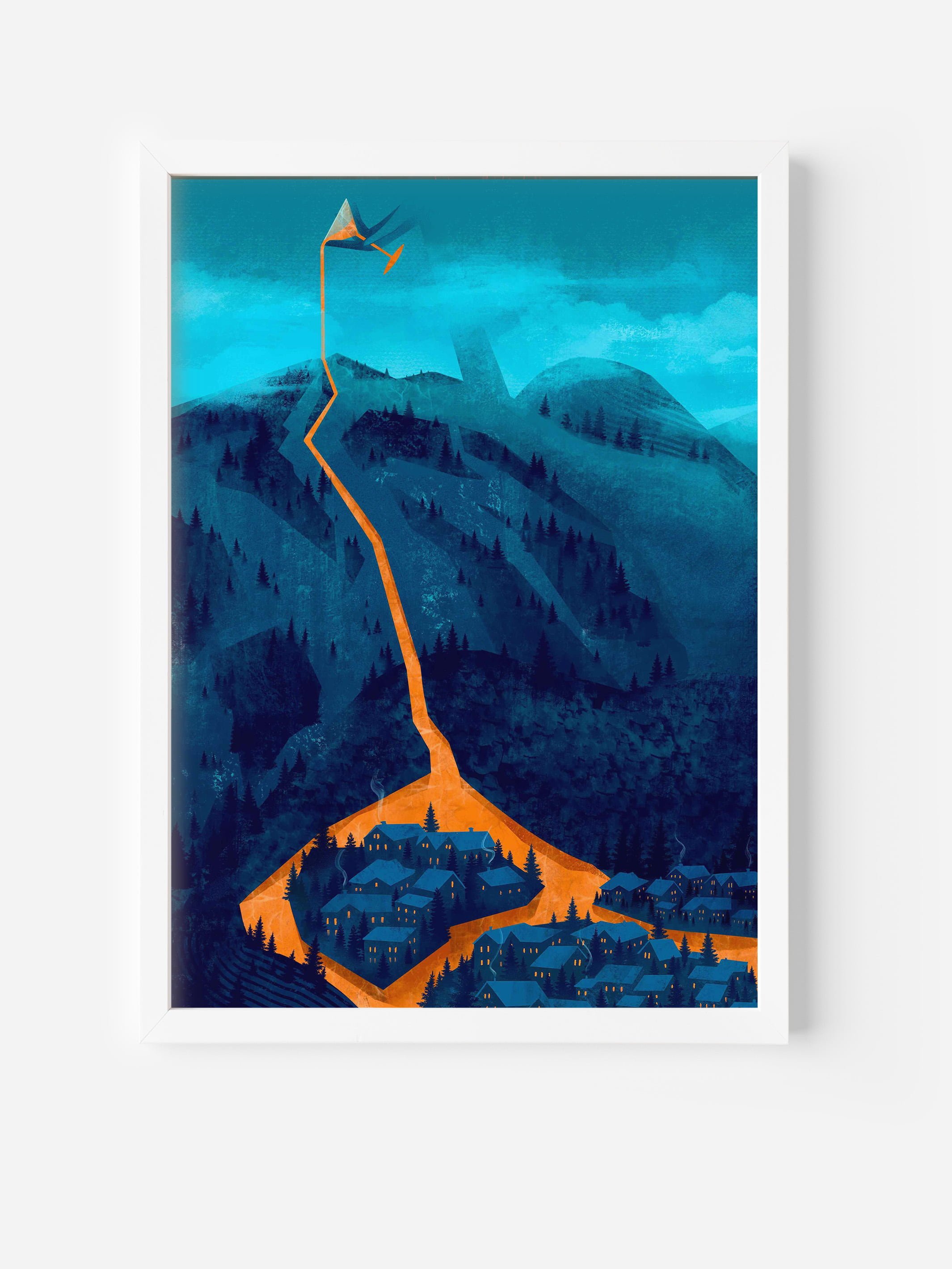 Framed fine art print of mountain landscape with lava-like path cutting through forest. Surreal social awareness poster for thoughtful interiors.