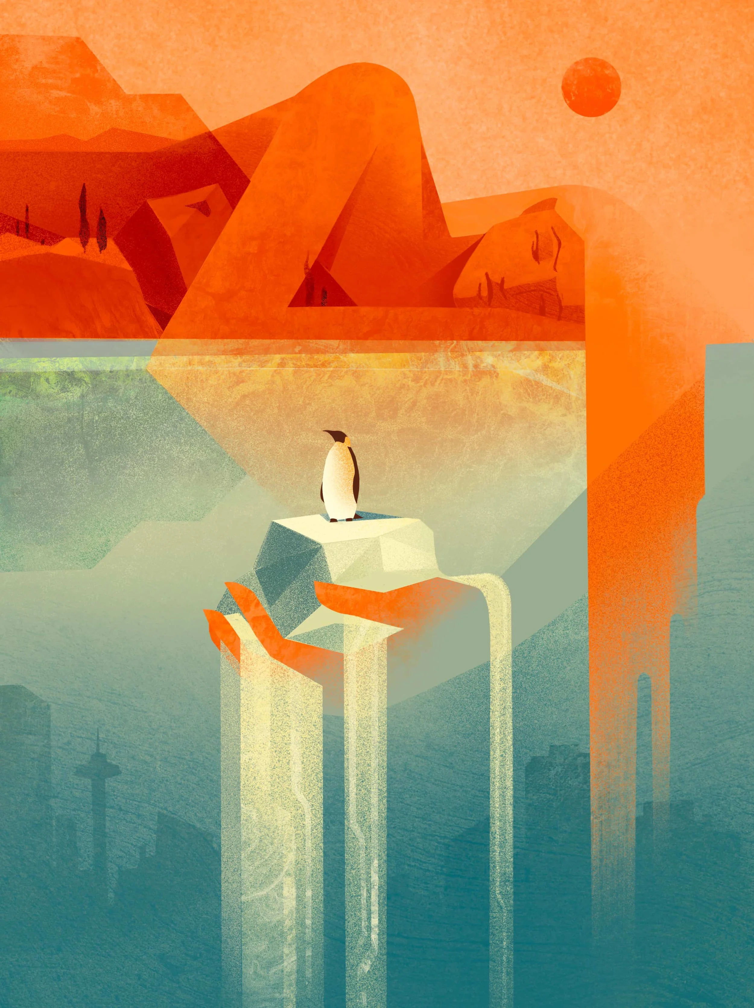 Conceptual illustration depicting a penguin standing on a geometric platform beneath abstract human forms and layered landscapes, symbolizing fragility, environmental imbalance, and the vulnerability of wildlife in a changing climate.