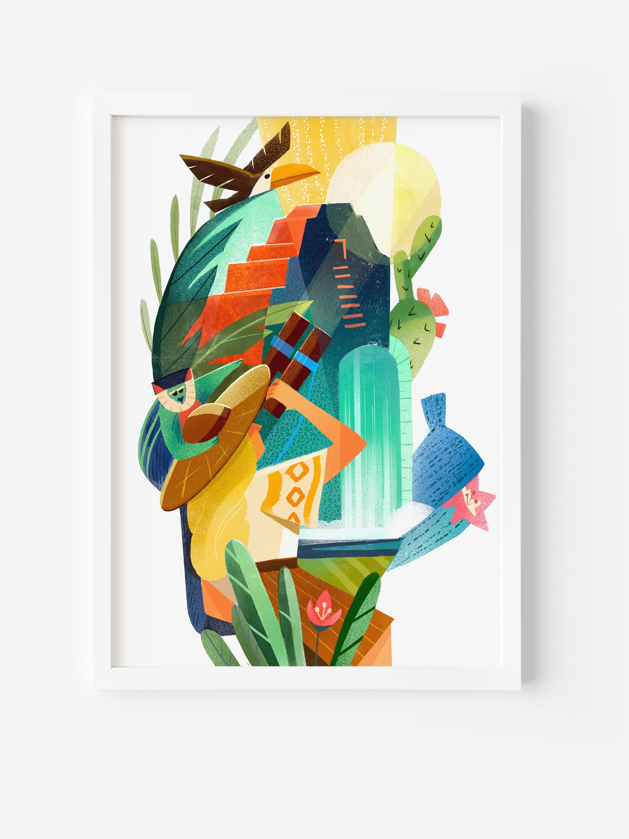 Framed wall art poster of a vibrant jungle and Mayan scene illustration.