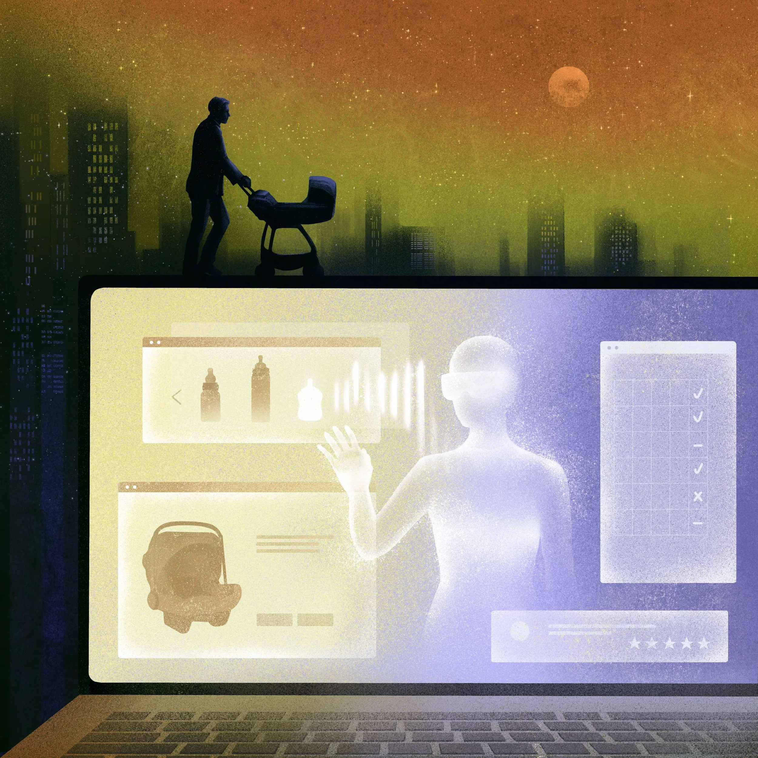 editorial-illustration-the-globe-and-mail-ai-shopping-assistant-parent-with-baby-gear-daria-lada.jpg