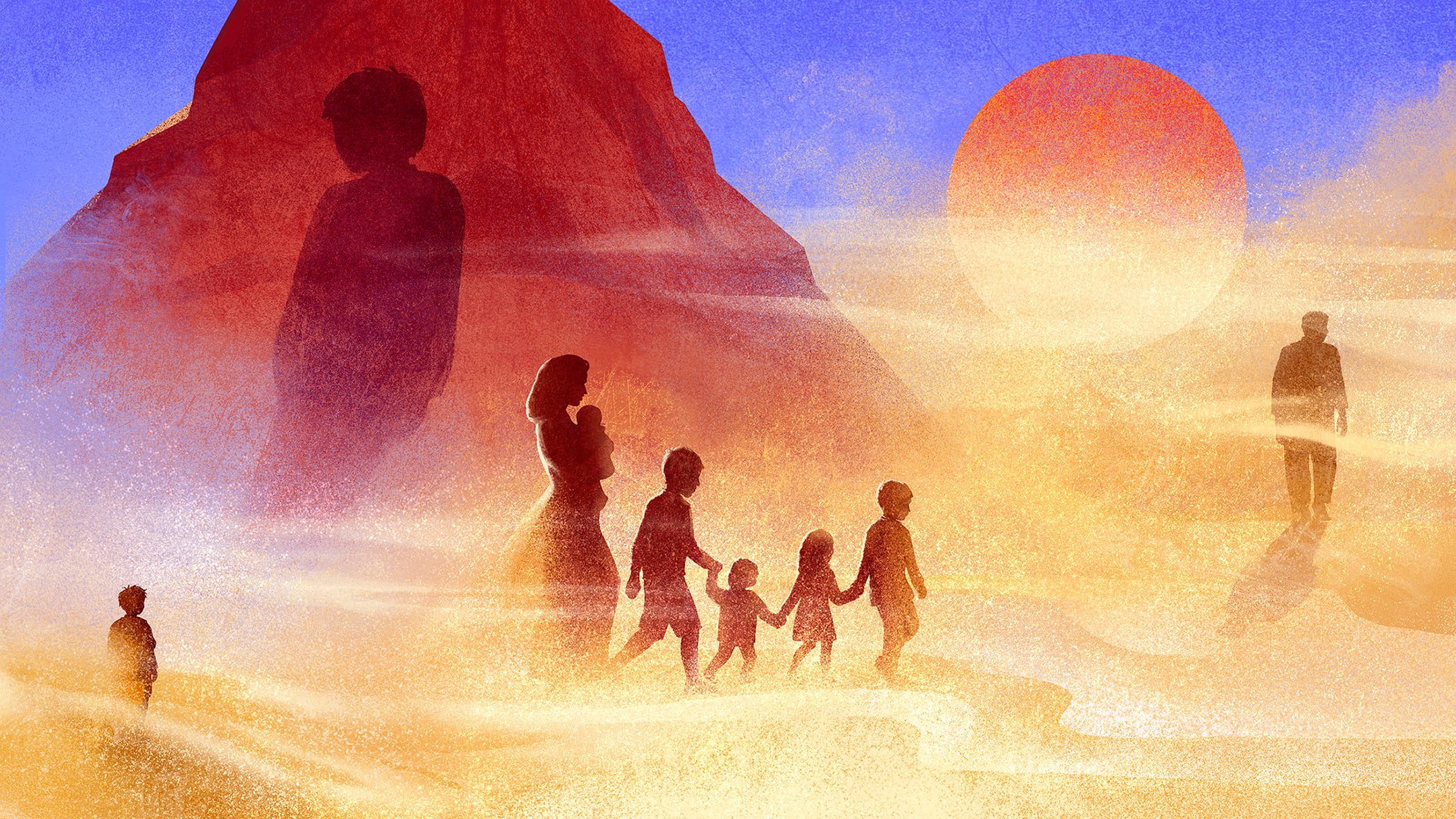 Editorial illustration depicting a symbolic family journey through a glowing landscape with silhouettes of parents and children walking toward the horizon, representing memory, childhood, separation, and the passage of time.