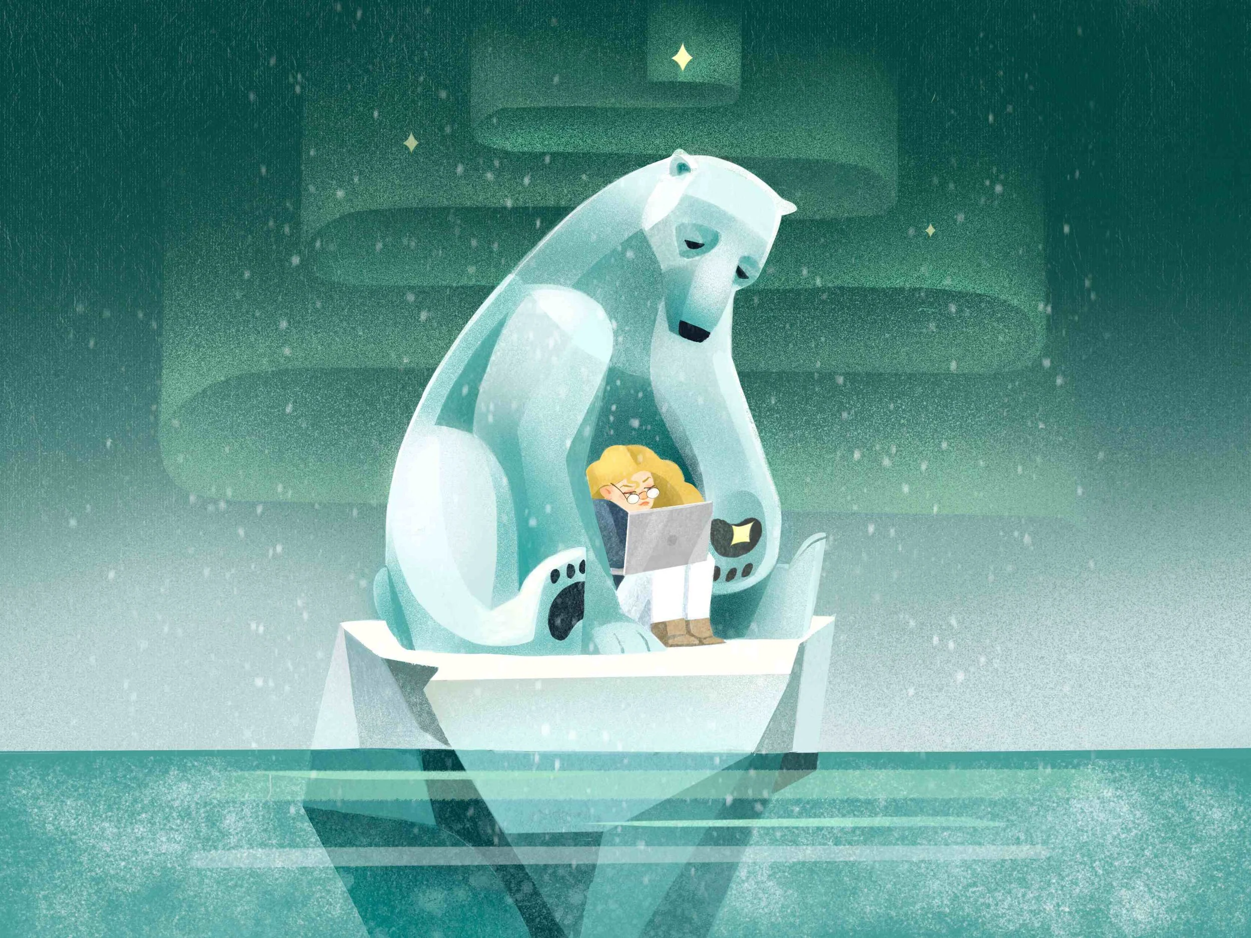 Conceptual illustration of a polar bear and a child sitting on an iceberg, reading a laptop under the northern lights.
