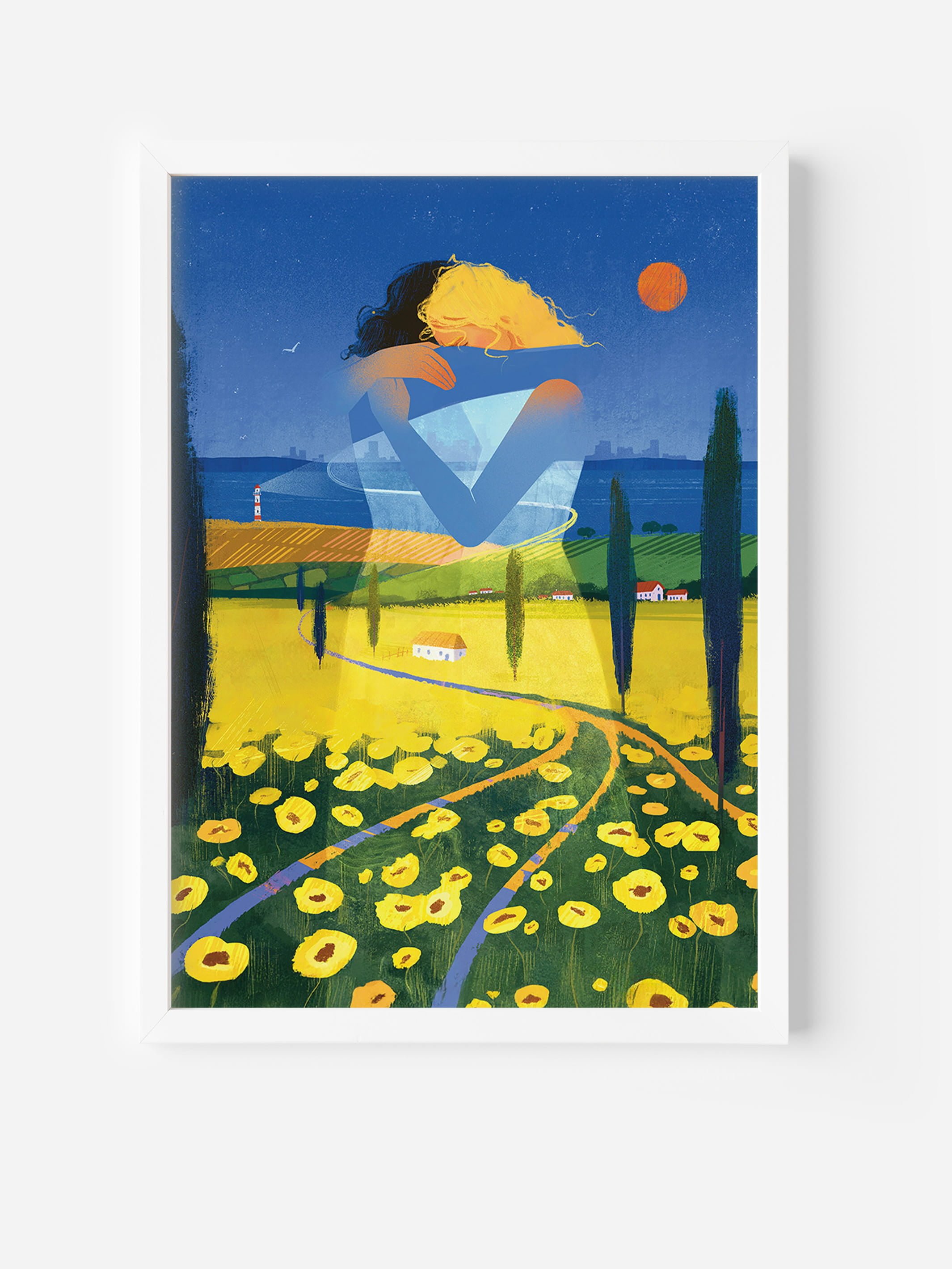 Home’s Embrace wall art print — framed poster of women hugging above sunflower fields. Warm, emotional fine art for modern home decor.