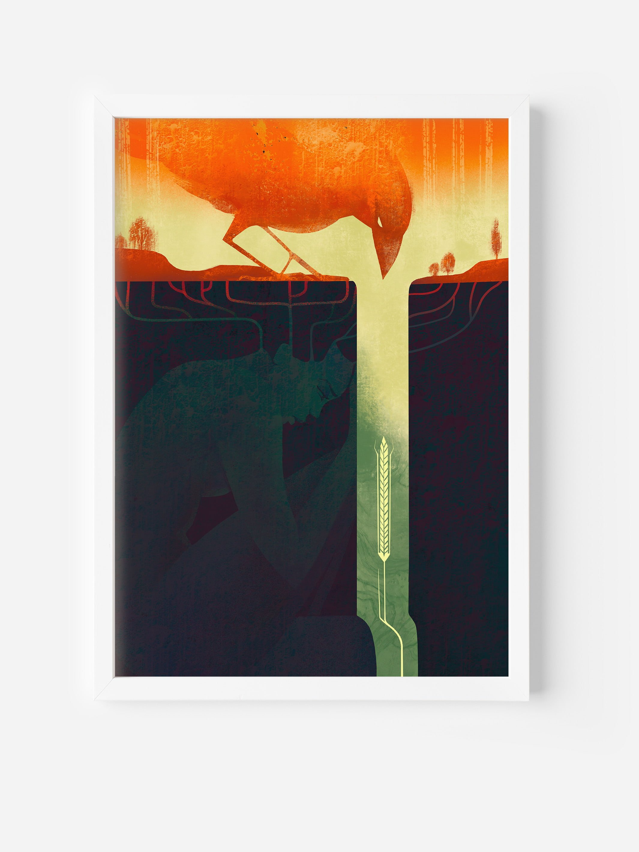 Framed fine art poster of a bird above dry, cracked earth and a single wheat stem. Social awareness wall art about drought and species survival.