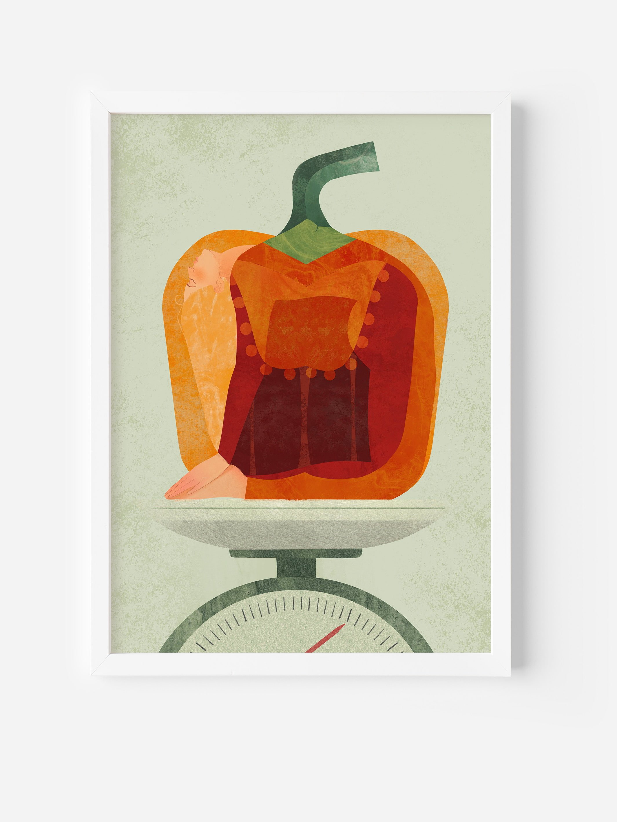Framed wall poster of a surreal spring detox illustration with a scale and floating woman.