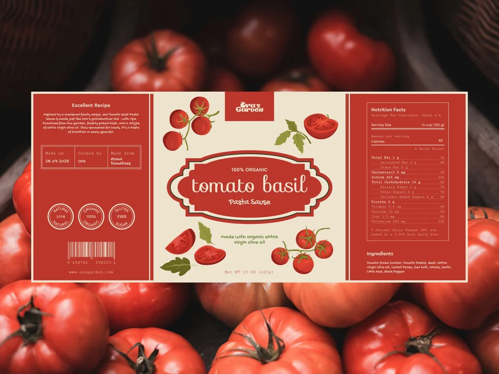 Brand illustration depicting an organic tomato basil pasta sauce label with illustrated tomatoes, herbs, and nutritional details, symbolizing artisanal food packaging, natural ingredients, and farm-to-table branding.