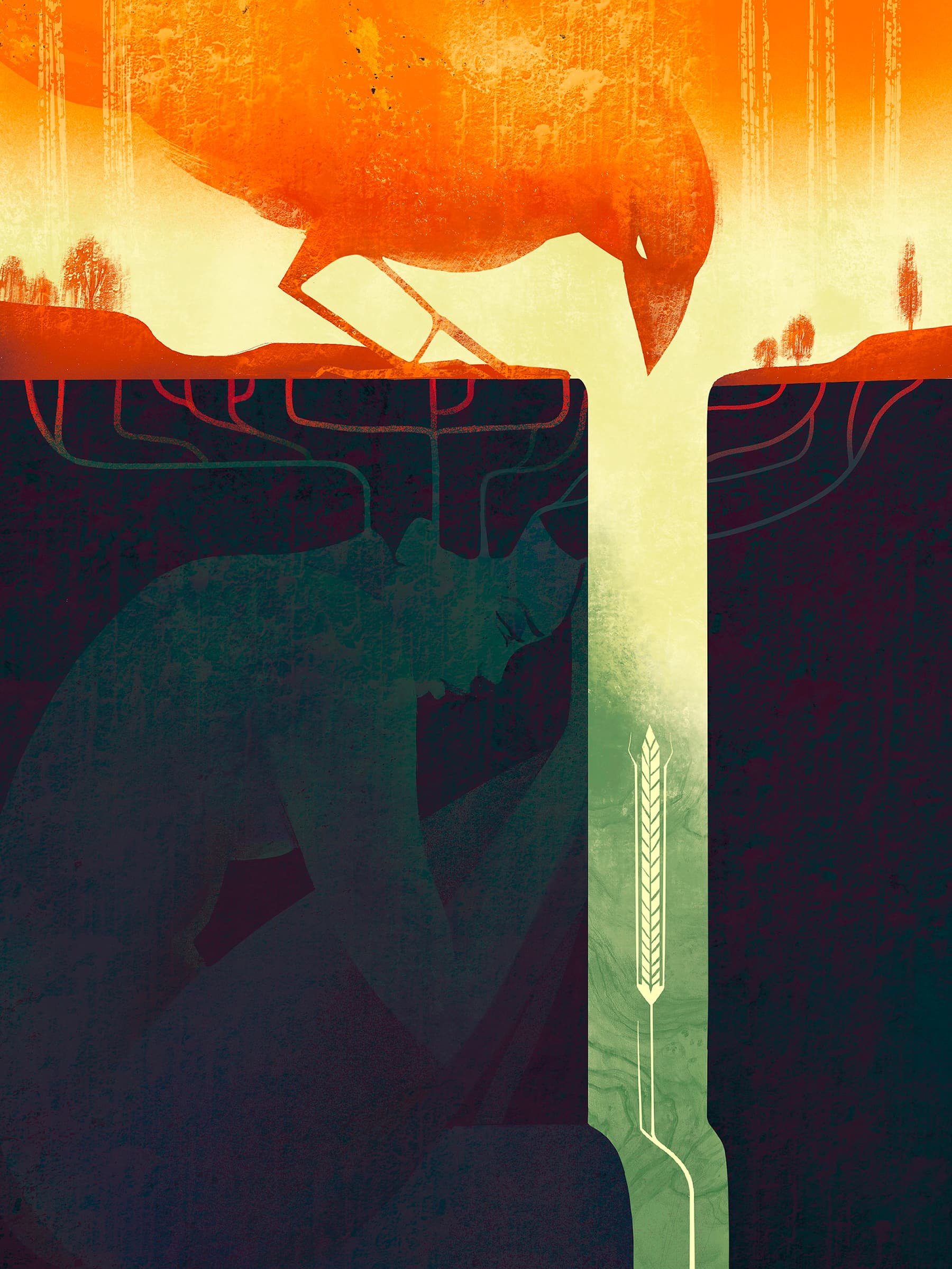 Unframed conceptual wall poster titled Fields of Despair. Symbolic fine art print on drought, crop failure, and climate impact on nature.