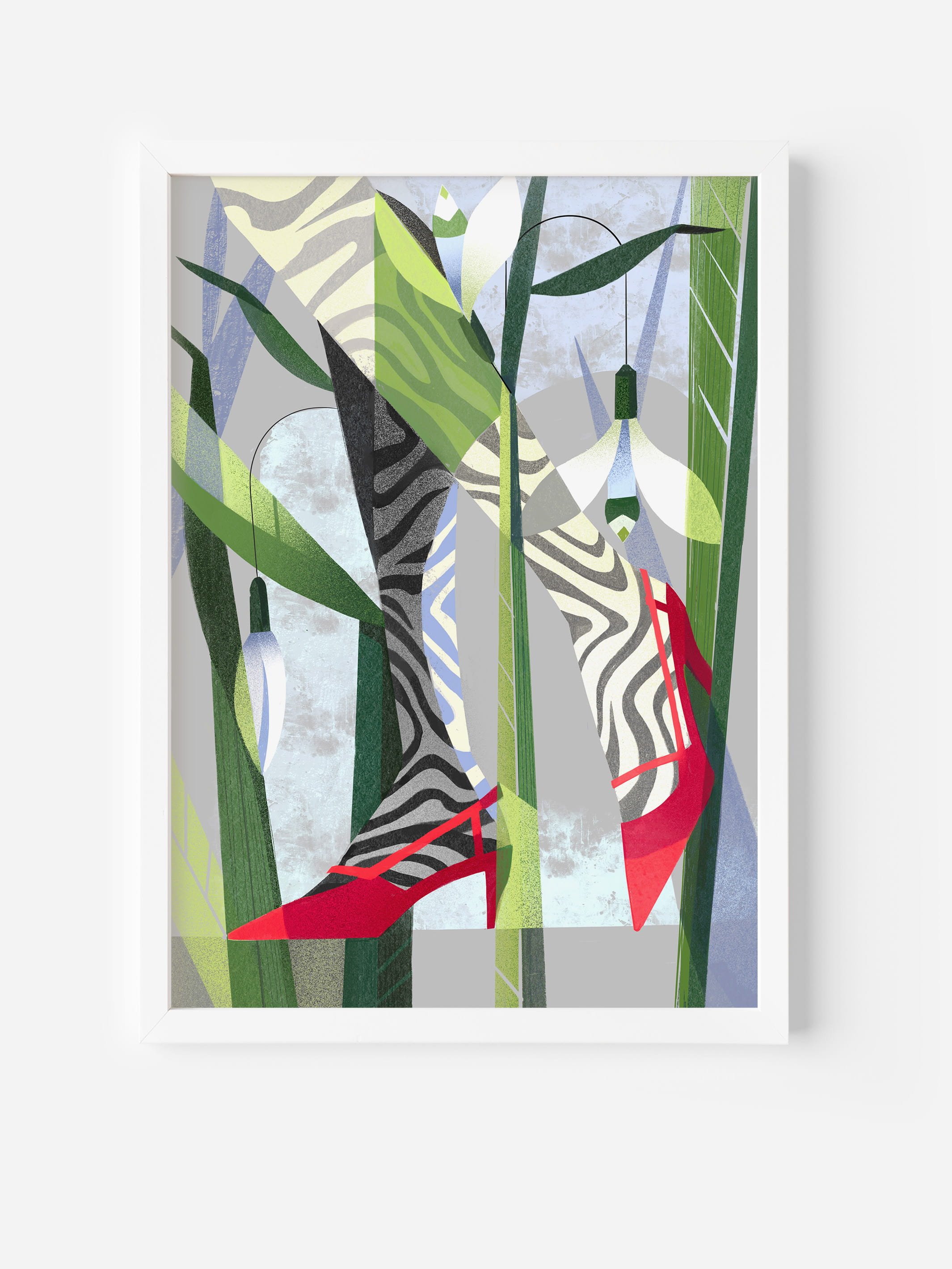 Framed fine art poster of a woman in heels walking through spring flowers — surreal wall art for fashion-inspired interior design.