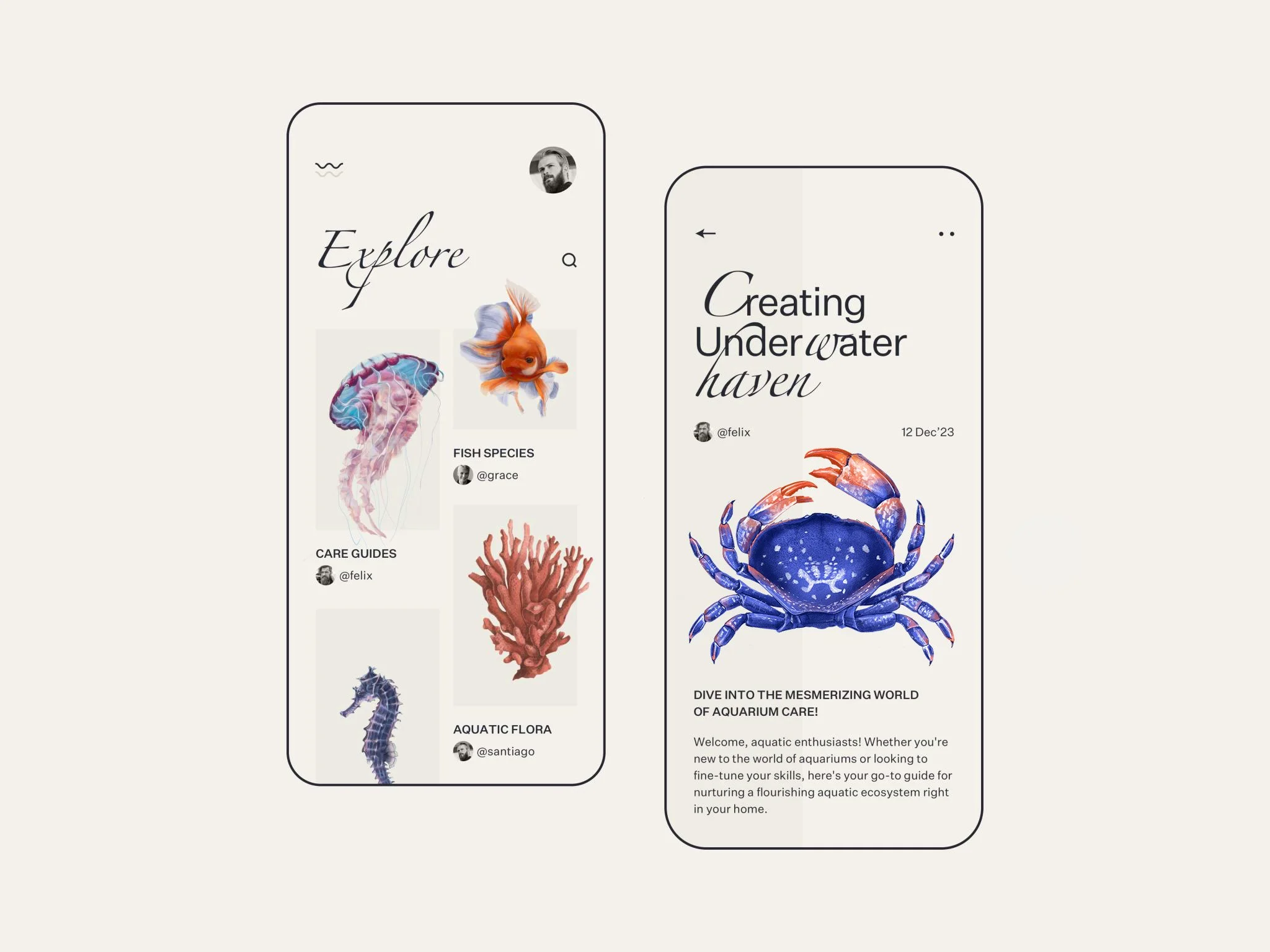 UI illustration depicting a mobile aquarium app interface with illustrated sea creatures, care guides, and underwater articles, symbolizing aquatic education, digital exploration, and modern app design.