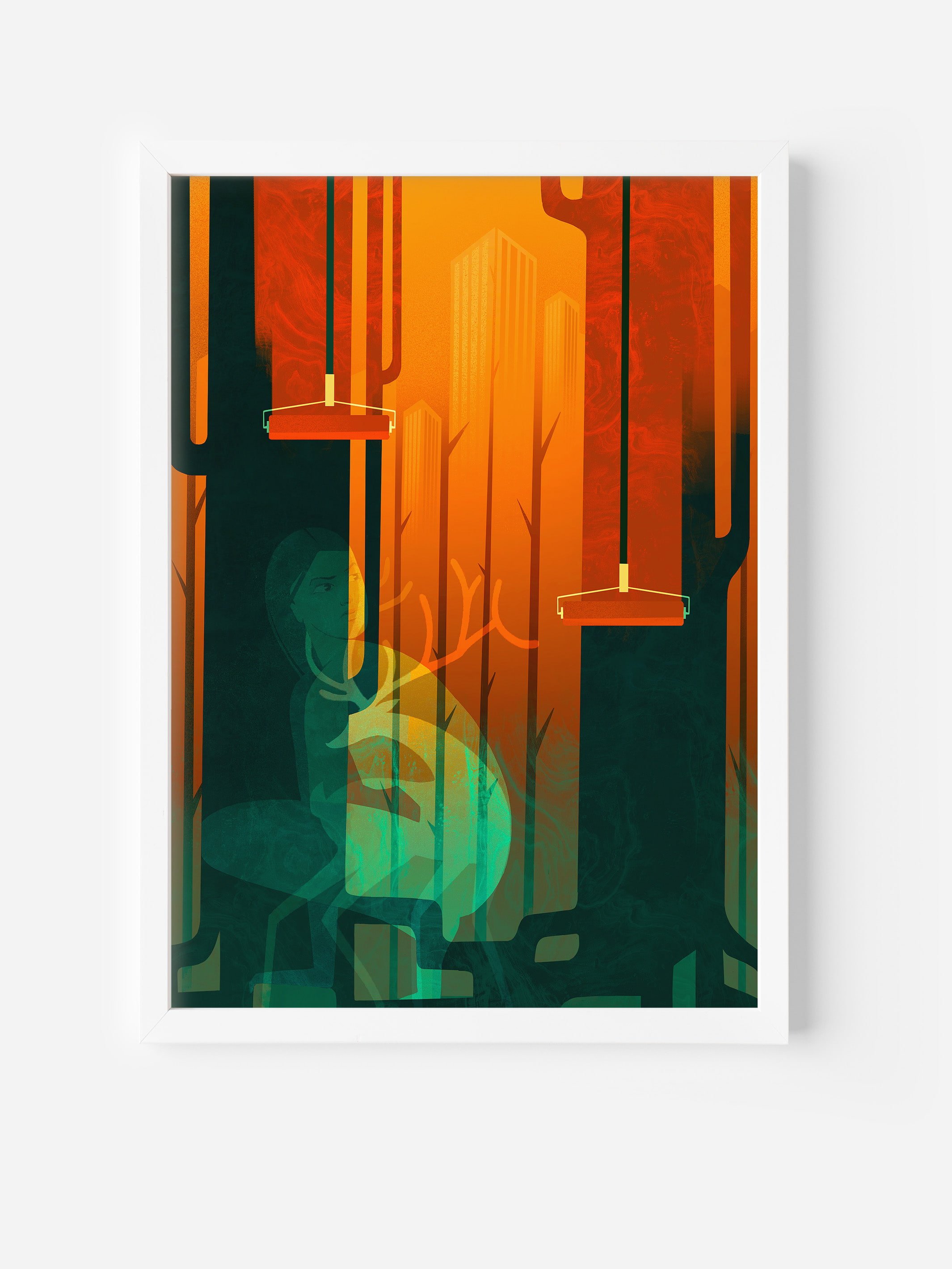 Framed fine art print and social awareness poster showing a deer and girl in a burned forest. Poster wall art highlighting climate change and nature loss.