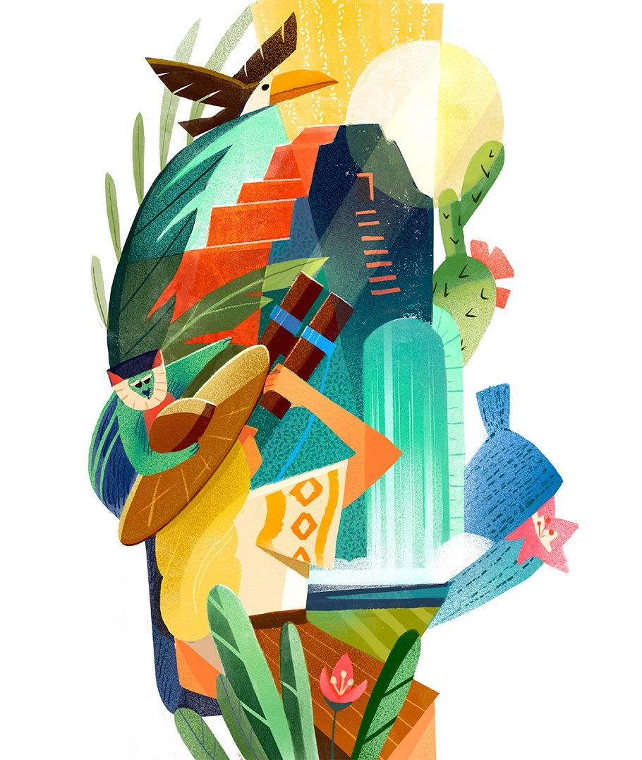 Unframed art print of jungle-inspired illustration with Mayan and nature motifs.